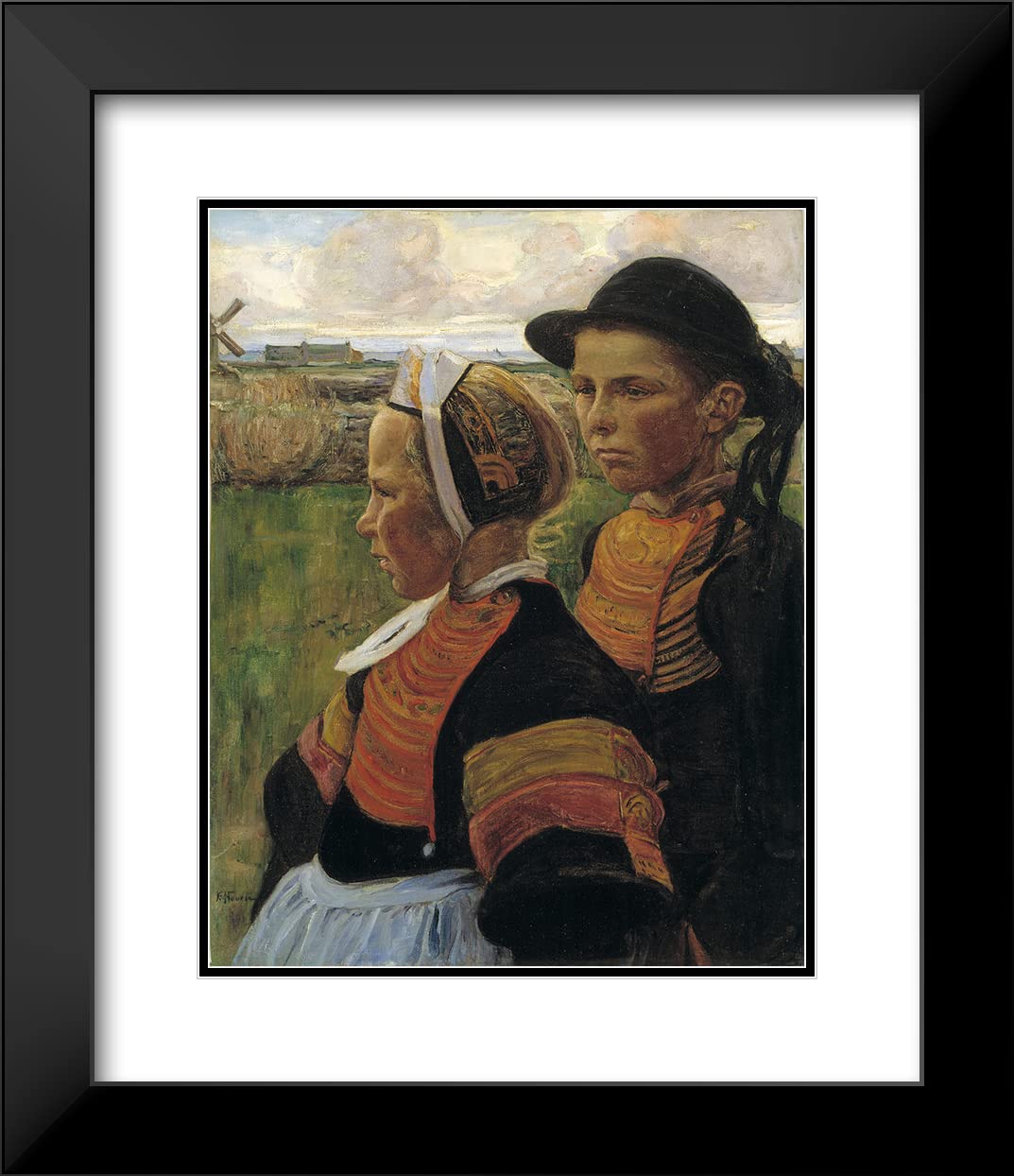 Elizabeth Nourse 'Brother and Sister, Penmarc’H' (1901) 15x18 Inch Black Modern Framed Art Print with Double Mat - Museum Quality Wall Decor for Living Room, Bedroom & Office