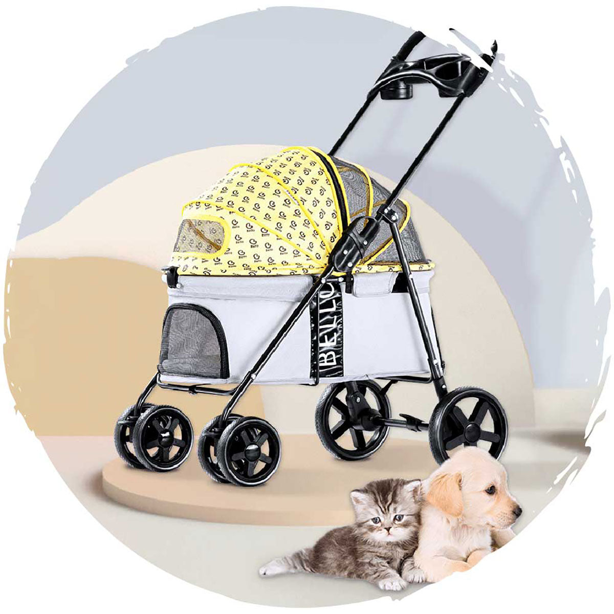 BELLO Fashion Low-Profile Breathable 4-Wheel Foldable Dog Stroller - Large Size (Pet Weight Capacity: 44lbs) for Outdoor Walks, Shopping & Travel with Your Pet