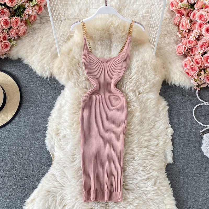 2023 Summer New Knitted Chain Shoulder Strap Sheath Dress for Women - Elegant Bodycon Party Dress for Night Out, Club, Date Night, Wedding Guest (Style 435)