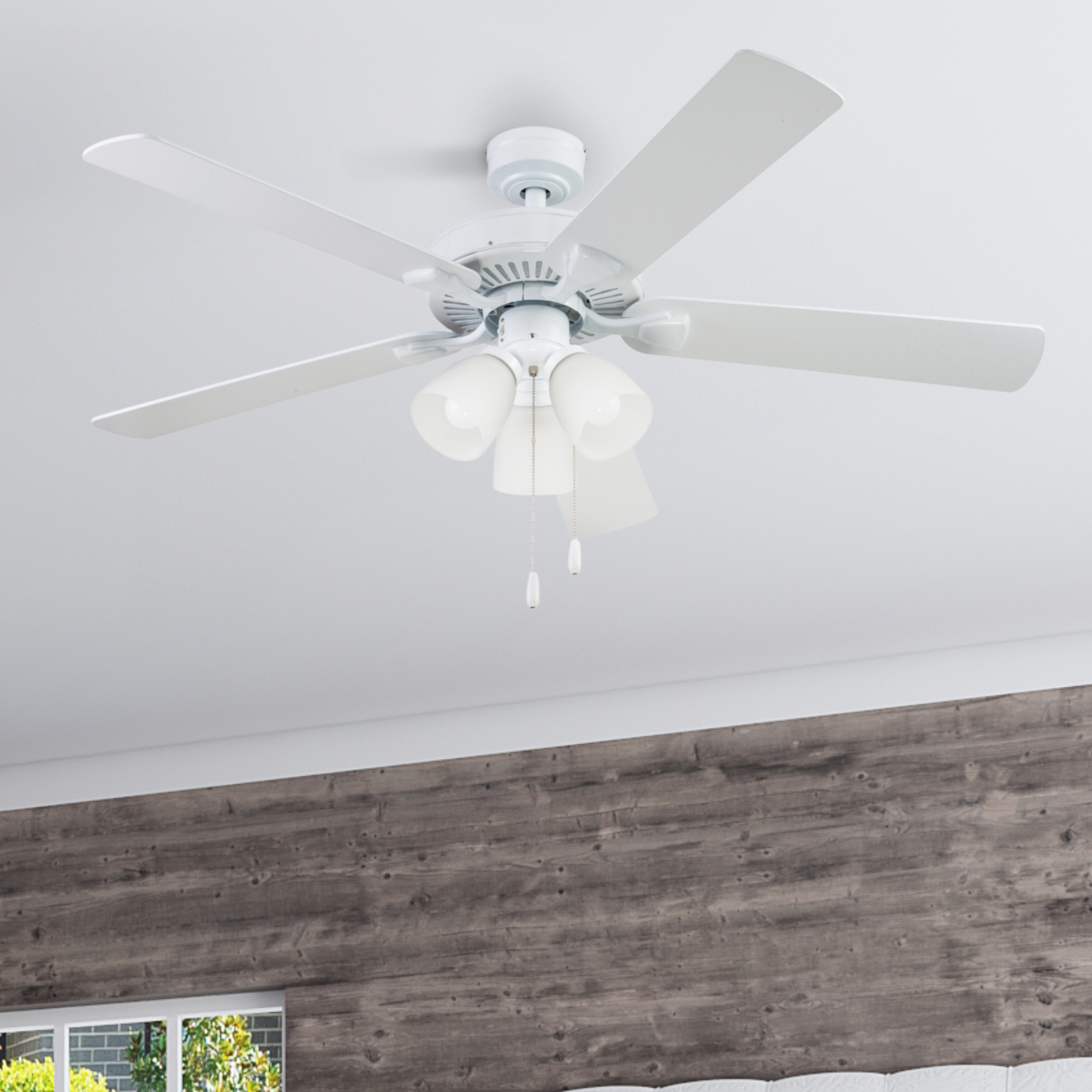 52 Inch White Stannor Ceiling Fan with Pull Chain - Perfect for Living Room, Bedroom, and Outdoor Covered Patios