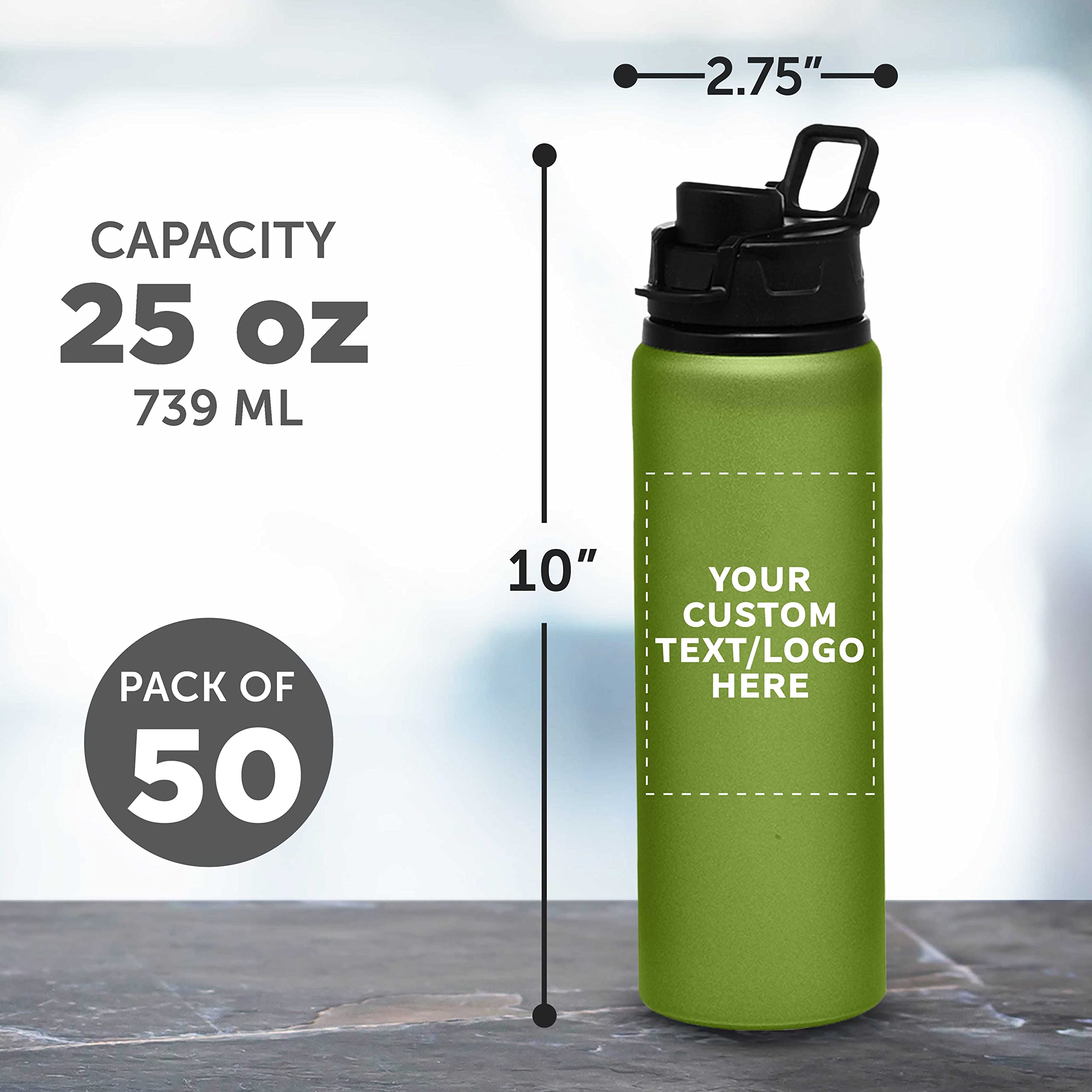 Custom 25oz Aluminum Water Bottles with Snap Lids - Bulk Pack of 50 Personalized Reusable Drinkware - Eco-Friendly Gym, Hiking, Cycling & School Accessories - Ideal for Sports, Outdoor Activities & Corporate Gifts - Green