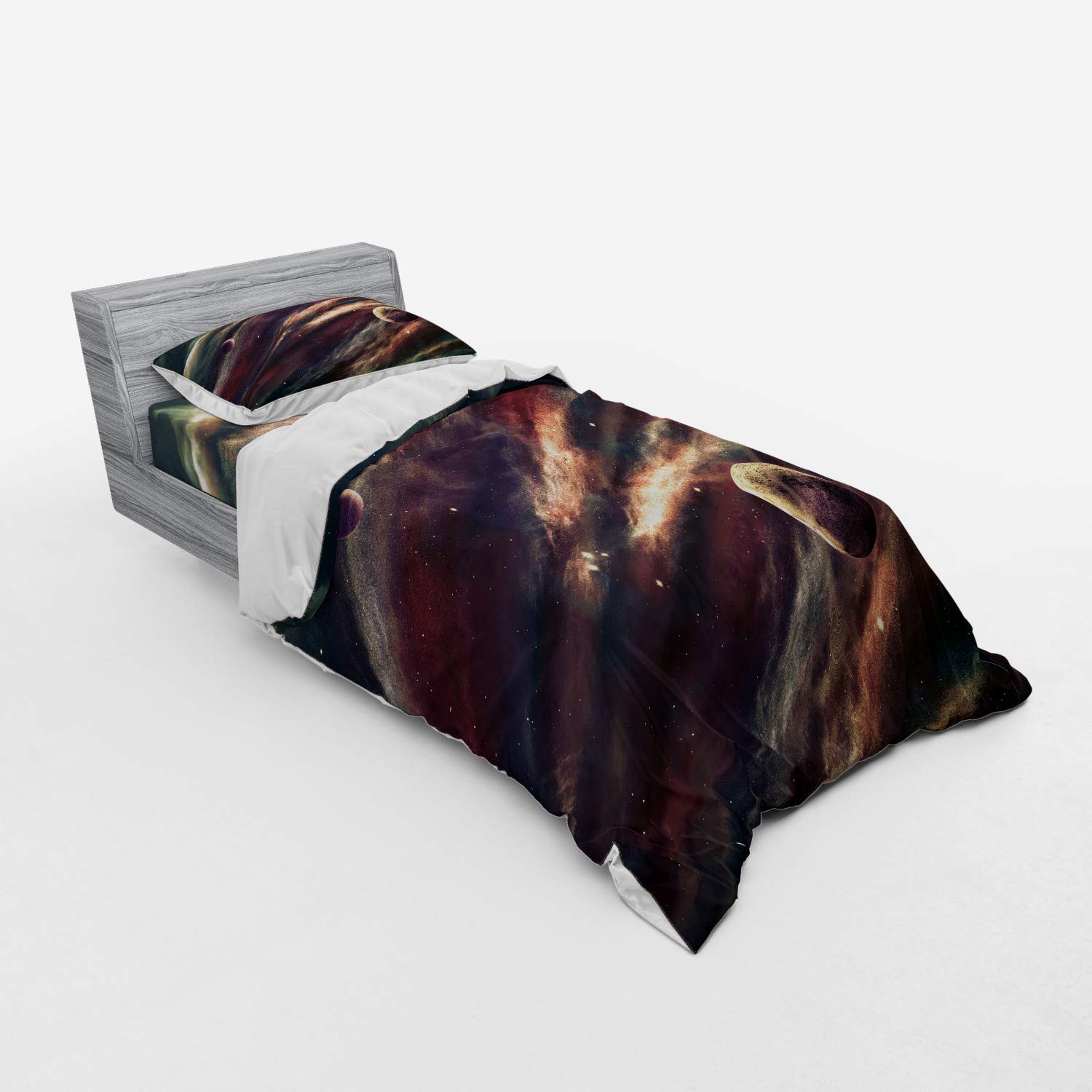 Ambesonne Outer Space Duvet Cover Set - 3 Piece Twin Size Bedding with Sham & Fitted Sheet | Planets, Nebula Gas Cloud & Galaxy Star Design in Dried Rose Ivory | Perfect for Kids' Rooms, Space Themed Bedrooms & Sci-Fi Decor