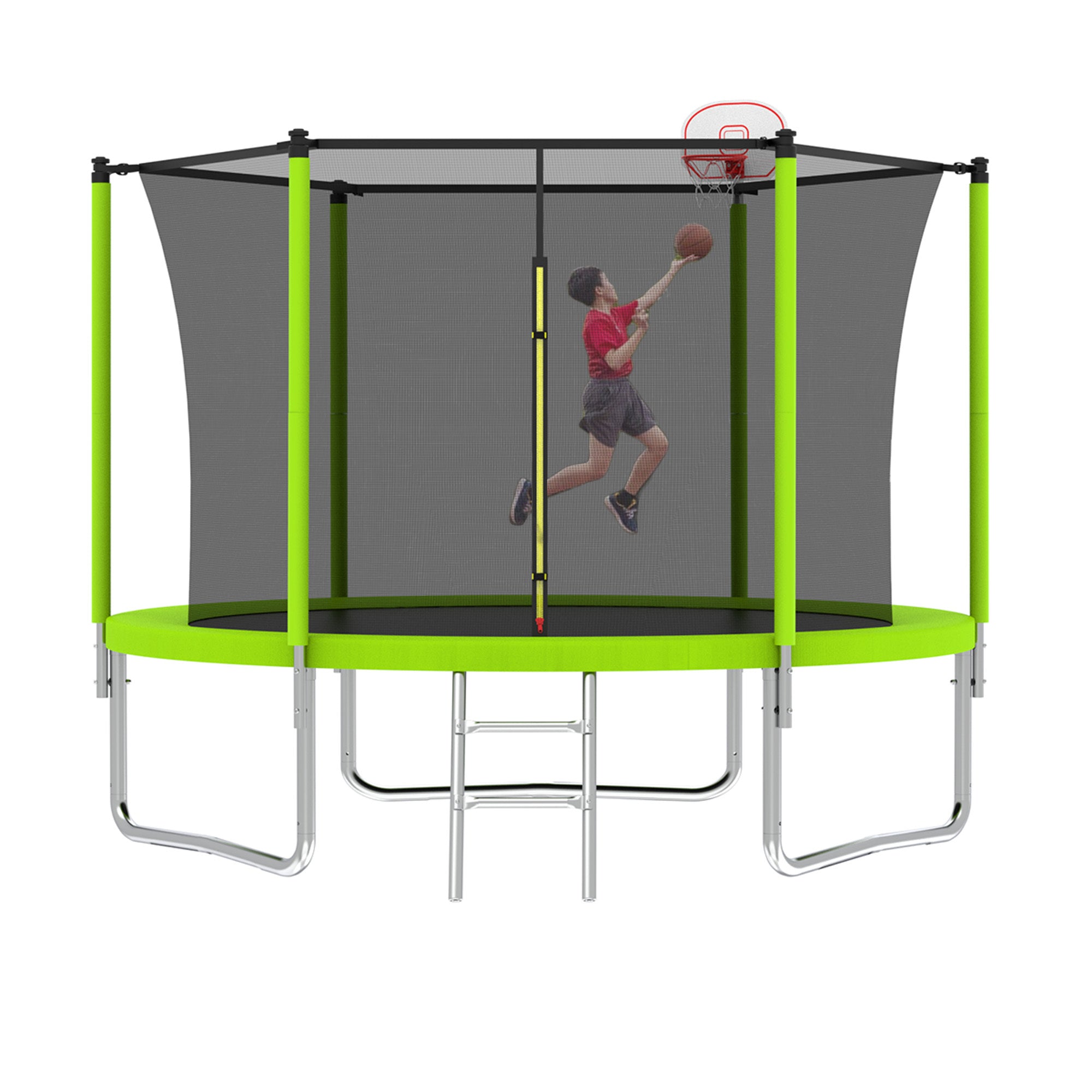 10FT Kids Trampoline with Basketball Hoop & Ladder - Outdoor Bounce Play Set with Safety Enclosure Net, Easy Fast Assembly, ASTM Approved for Backyard, Garden & Playground Fun