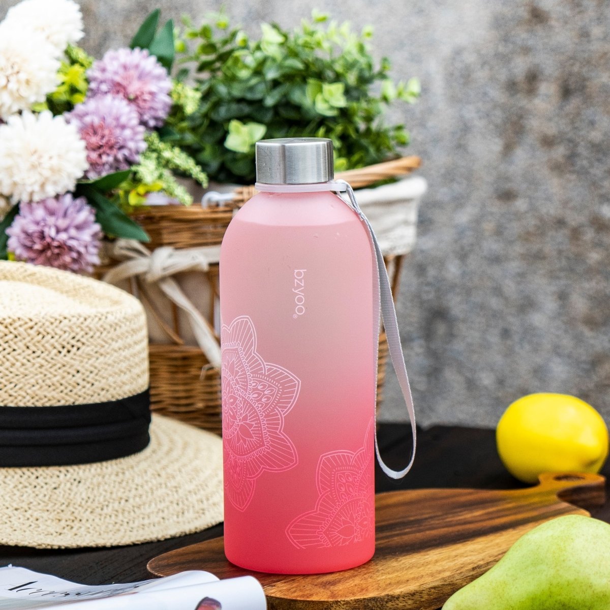 32oz La La Mandala Time Marker Tritan Water Bottle with Carrying Strap - Ombre Red | BPA-Free Leakproof Water Container for Gym, Yoga, Hiking & Outdoor Activities | Motivational Hydration Tracking Bottle for Fitness Enthusiasts
