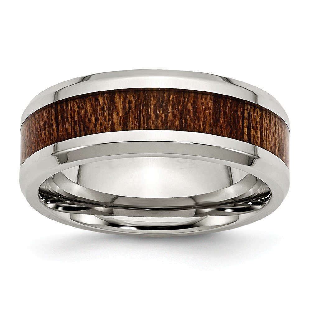 Diamond2Deal 8mm Stainless Steel Ring with Polished Brown Wood Inlay & Enamel - Elegant Jewelry for Women, Perfect for Weddings, Anniversaries and Gifts