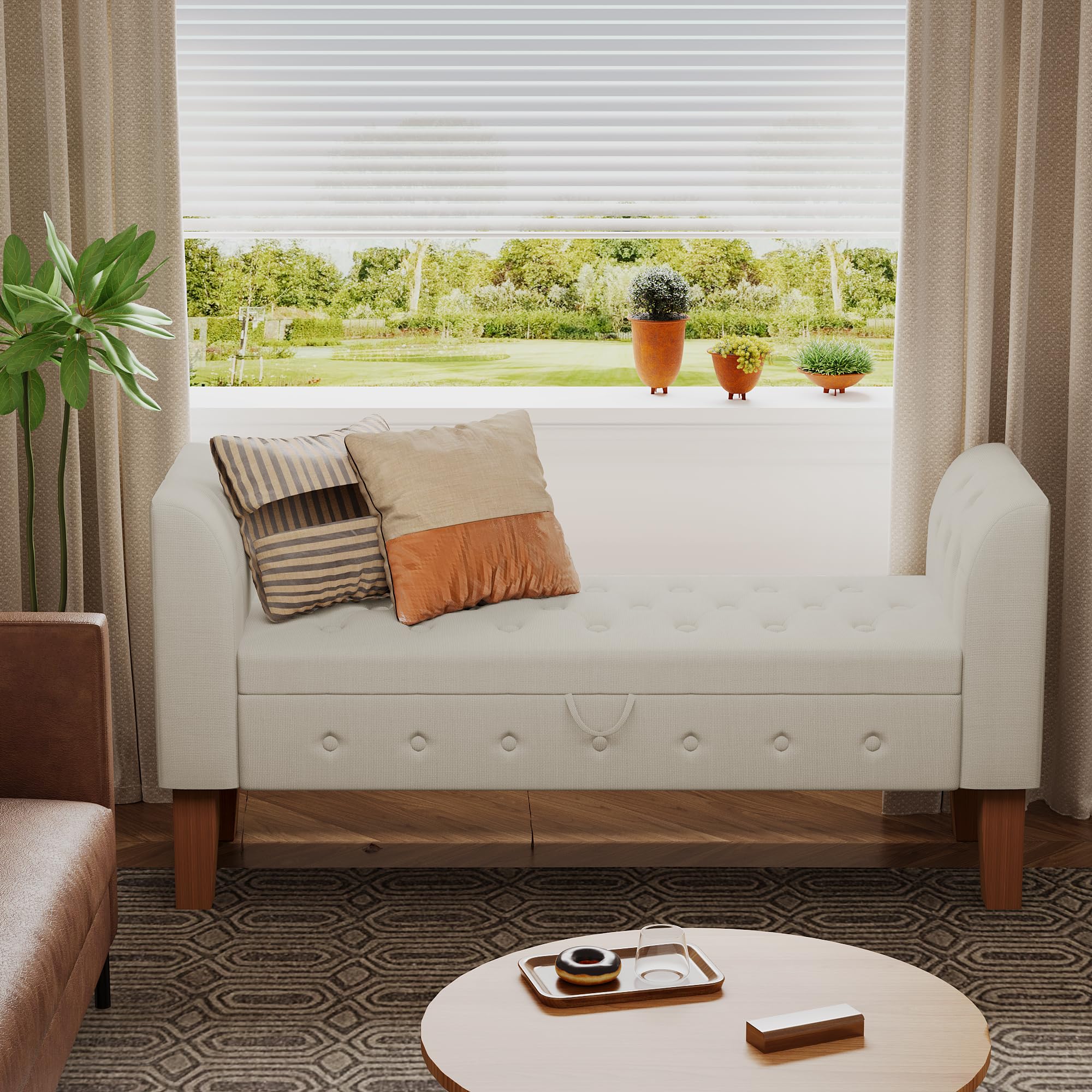 Awonde Upholstered Storage Bench with Tufted Design - Multi-Functional Ottoman for Bedroom, Living Room & Entryway - Beige Linen Fabric - Perfect for Extra Seating & Organization