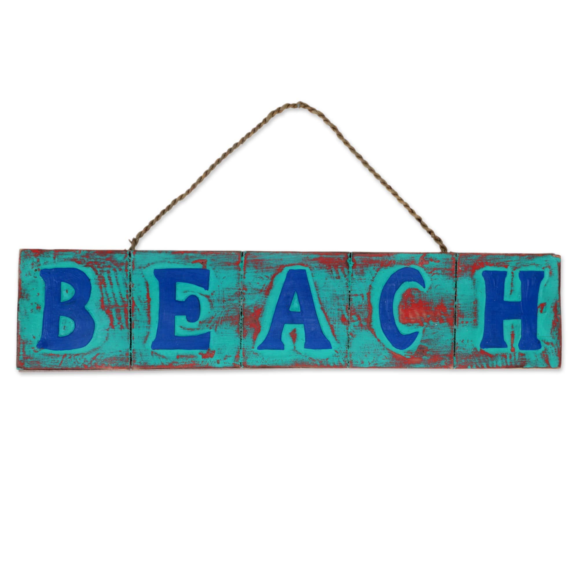 NOVICA Handmade Blue and Red Wooden Beach Cottage Sign - Coastal Home Decor for Living Room, Bedroom, or Porch - Perfect Beach House Wall Art for Summer Vacation Vibes