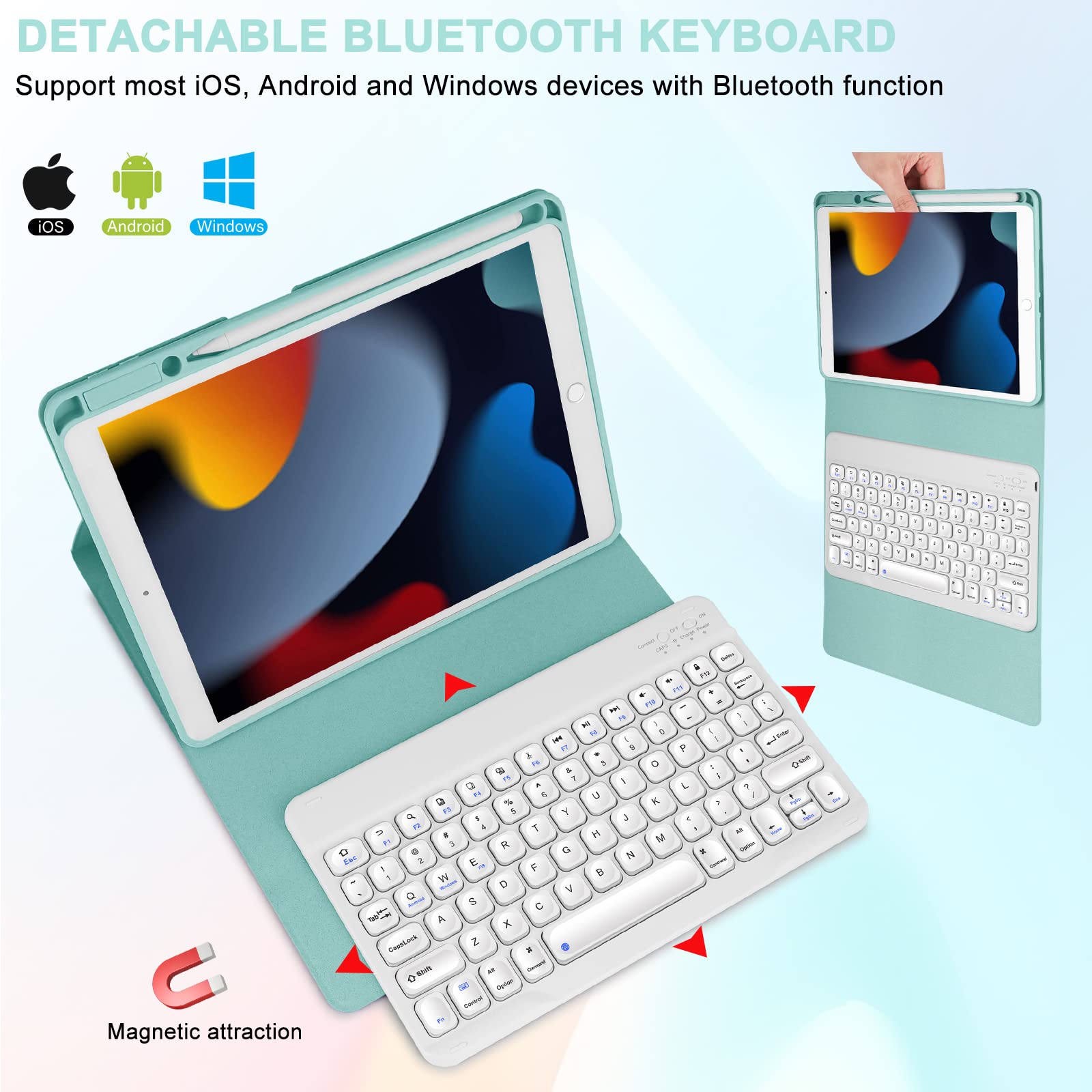 Premium iPad 10.2 Case with Bluetooth Keyboard - Compatible with iPad 9th/8th/7th Gen & iPad Air 3/iPad Pro 10.5 | Detachable Magnetic Protective Cover with Built-in Apple Pencil Holder | Mint Green | Perfect for Work, Study & Travel
