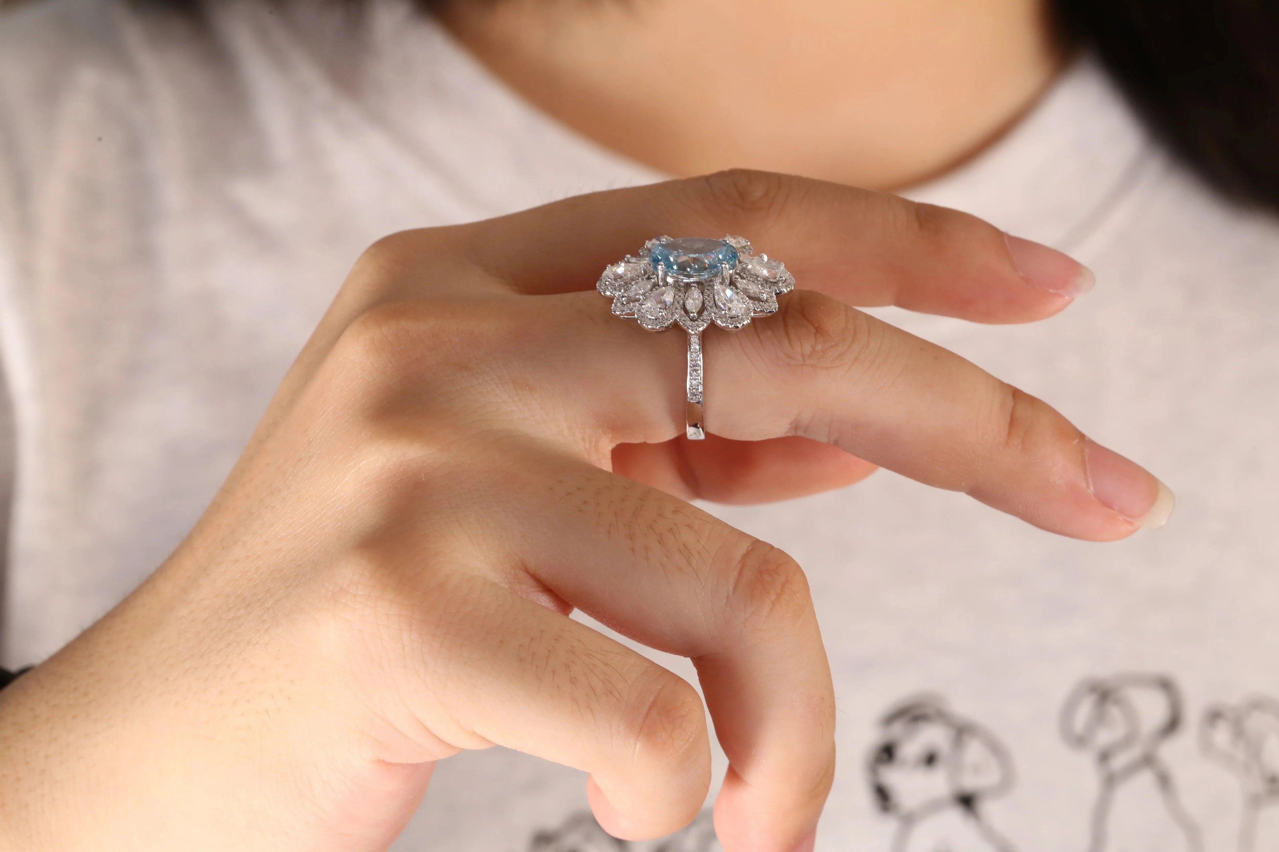 IGI Certified 14k Gold 3.19CT Fancy Intense Greenish Blue CVD Lab Grown Diamond Flower Shape Oval Cut Ring for Women - Perfect for Engagement, Anniversary & Special Occasion Jewelry