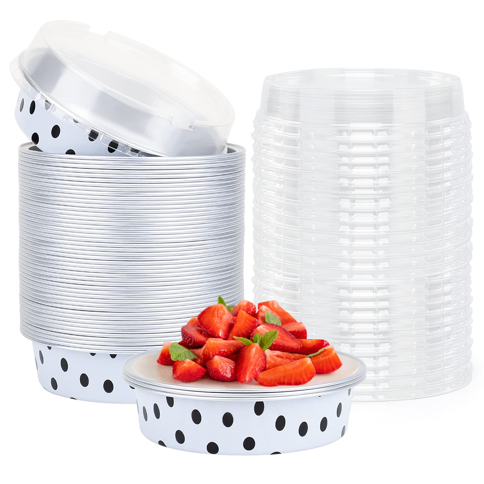 Beasea 50-Pack 4-Inch Mini Tart Pans with Lids - 8oz Disposable Aluminum Foil Baking Tins for Cupcakes, Desserts, Muffins & Cheesecakes - Perfect for Home Baking, Party Treats & Holiday Cooking (White with Black Dots)