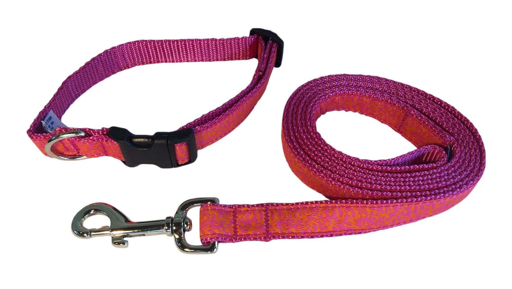 Preston Orange Raspberry Coral Dog Collar and Leash Set - Adjustable Pink Nylon Webbing with Stylish Coral Ribbon Design for Small Dogs | Perfect for Walks, Training & Fashion Accessories