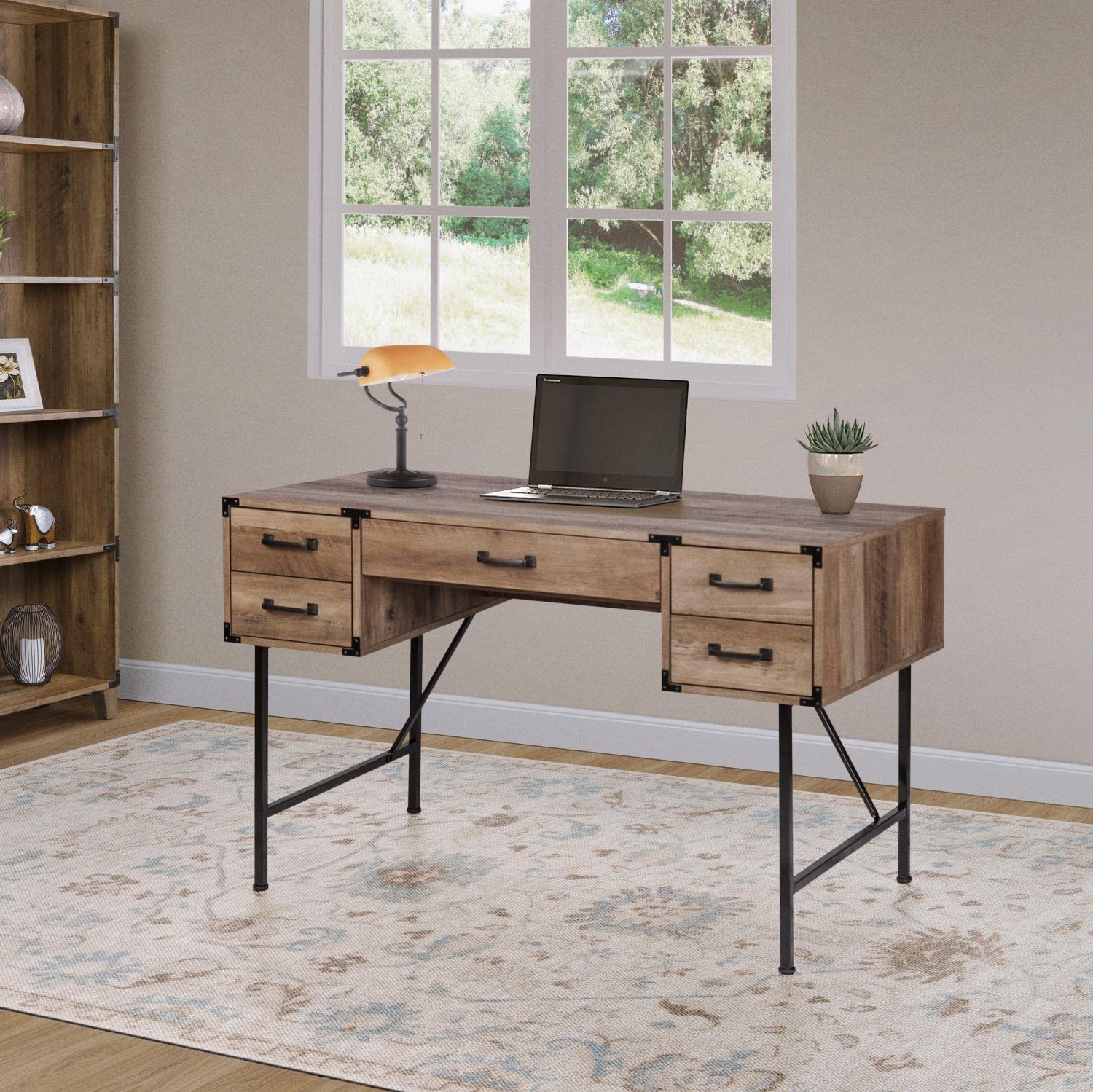 Saint Birch Oxford 5-Drawer Transitional Wood Writing Desk in Rustic Oak - Home Office Furniture for Study, Work & Remote Learning