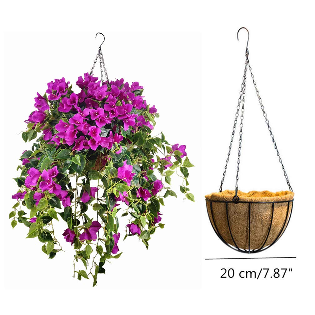 Set of 2 Hanging Coconut Palm Baskets with Artificial Bougainvillea Silk Flowers - Purple & Red Floral Decor for Patio, Porch, or Garden
