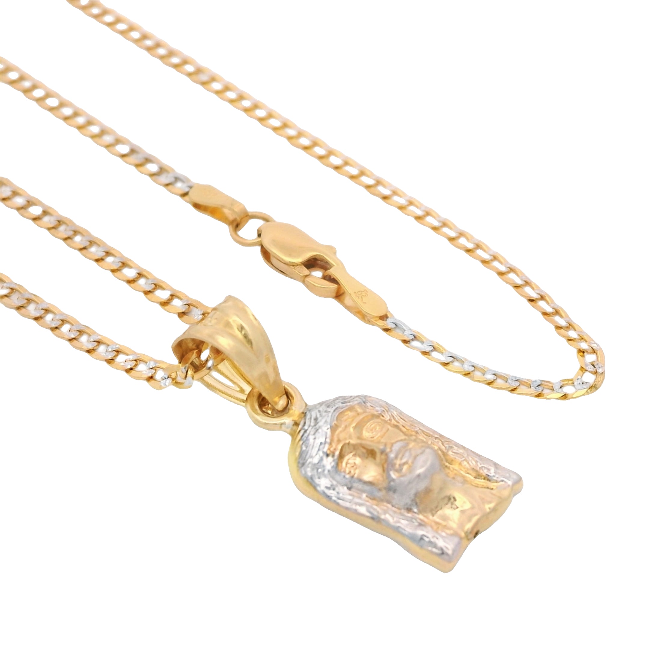 14K Gold Jesus Face Pendant with Solid Two-Tone Cuban Chain Necklace - 16 Inch Religious Jewelry for Men & Women - Perfect for Church, Gifts & Everyday Wear