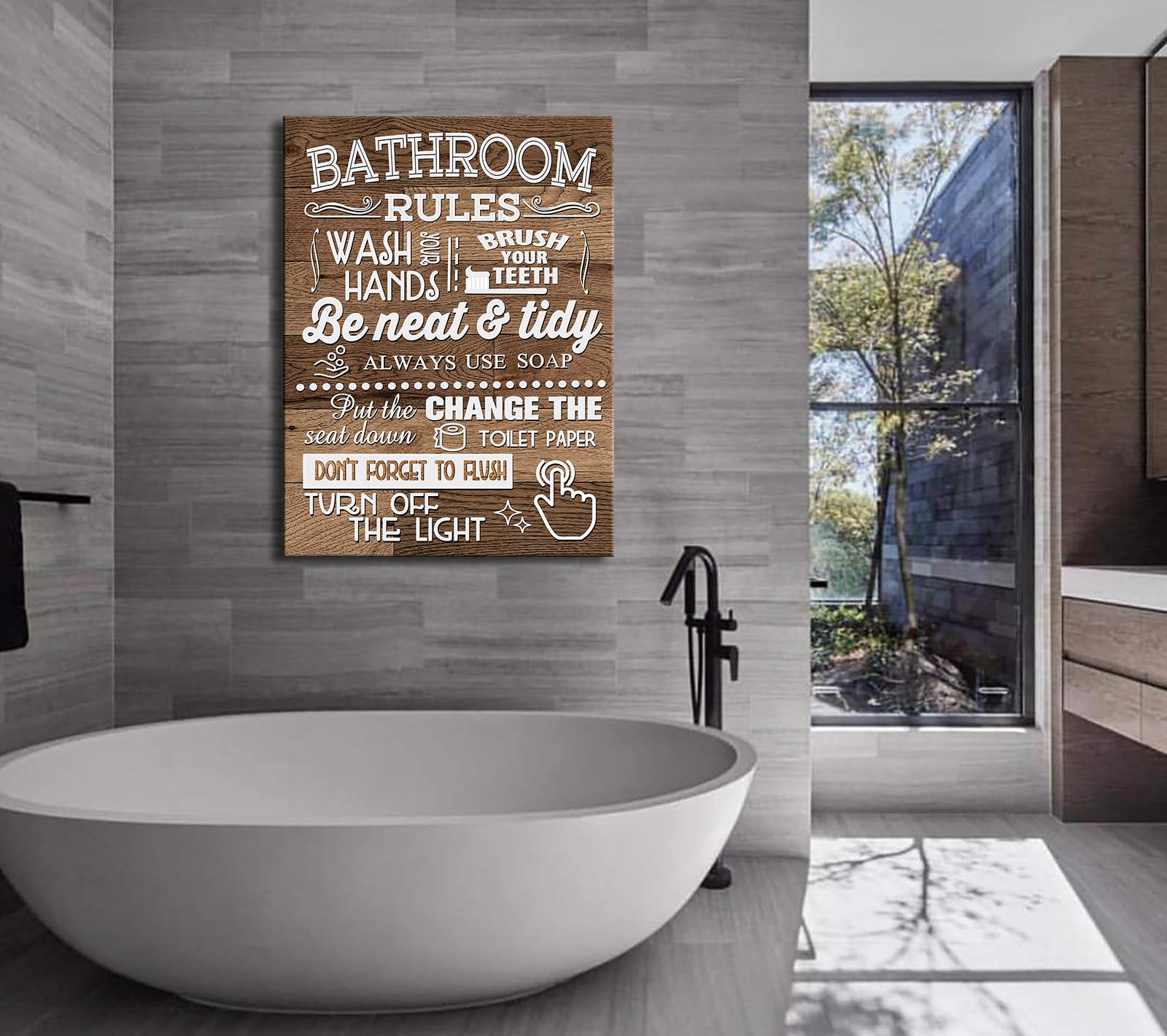 Funny Bathroom Rules Canvas Wall Art - Wood Grain Farmhouse Toilet Sign Poster, Laundry & Restroom Decor, Framed Ready to Hang - Perfect Gift for Bathroom Wall Decor | Ideal for Home, Office & Farmhouse Style Spaces