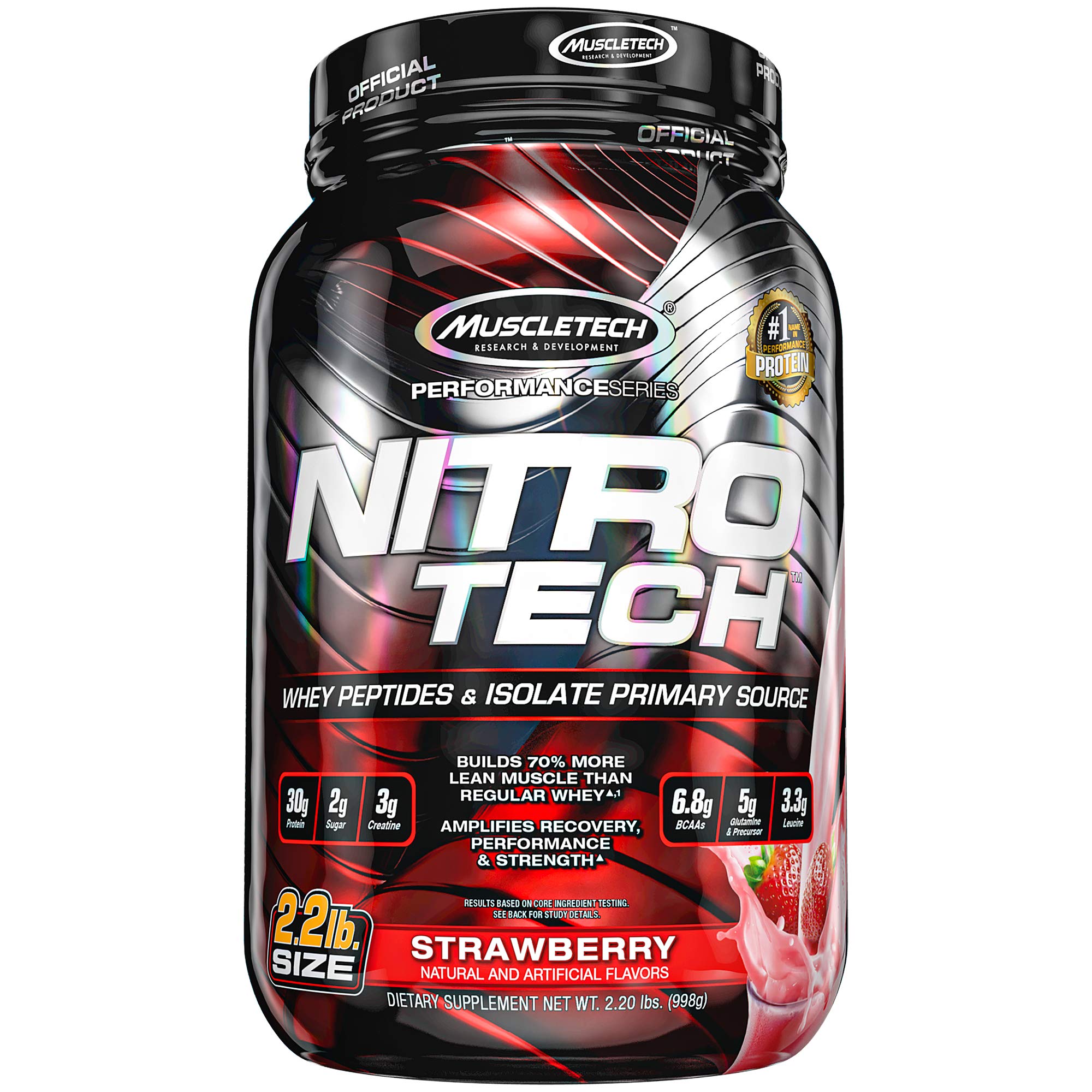 Nitro-Tech Whey Protein Powder by MuscleTech - Whey Protein Isolate & Peptides for Muscle Gain, Strength & Recovery - Protein + Creatine Supplement for Men & Women - Sports Nutrition - Strawberry Flavor, 2.2 lb (22 Servings) - Perfect for Post-Workout Recovery & Muscle Building