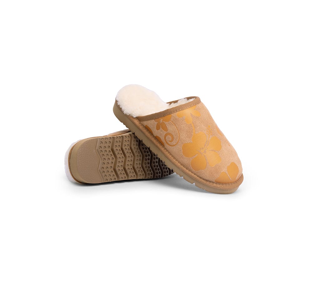 EVERAU® Women's UGG Slippers - Genuine Sheepskin Wool Indoor/Outdoor House Shoes with Yellow Floral Print Suede - Size EU40 (US Women's 9-10) - Perfect for Cozy Home Wear, Winter Comfort & Gift Giving