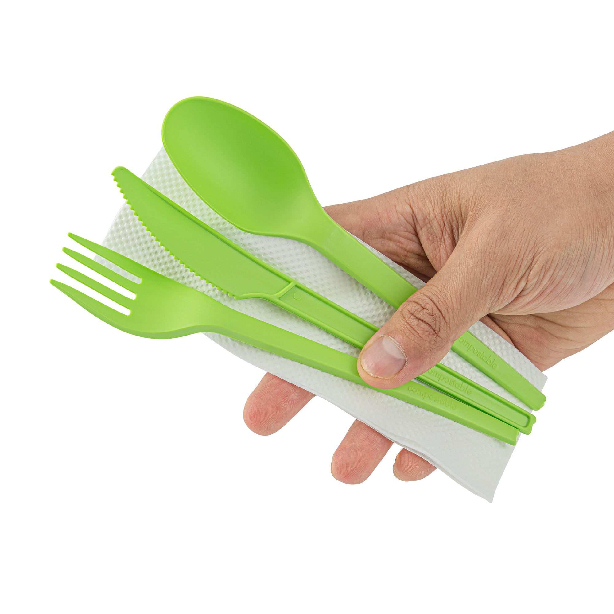 Eco-Friendly Compostable CPLA Plastic Cutlery Set - 100-Piece Box with Heat-Resistant Forks, Knives, Spoons & White Napkins | Perfect for Parties, Picnics, Catering & Zero-Waste Events