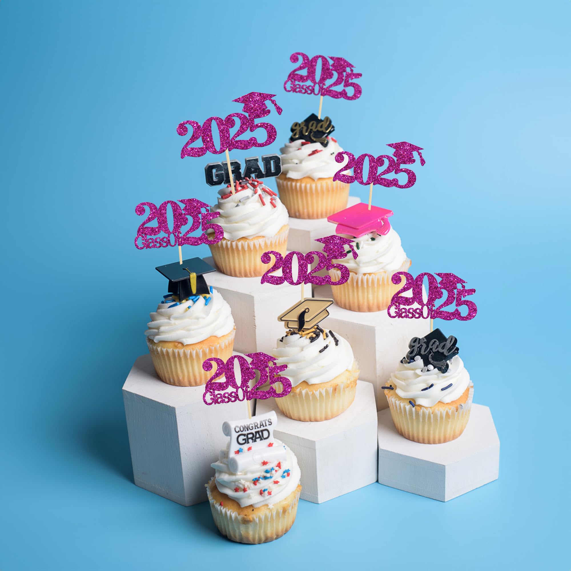 24Pcs Class of 2025 Graduation Cupcake Toppers - Purple Glitter Grad Cap Cake Decorations for 2025 Graduation Party Supplies | Perfect for High School & College Graduation Cakes, Cupcakes, and Dessert Tables