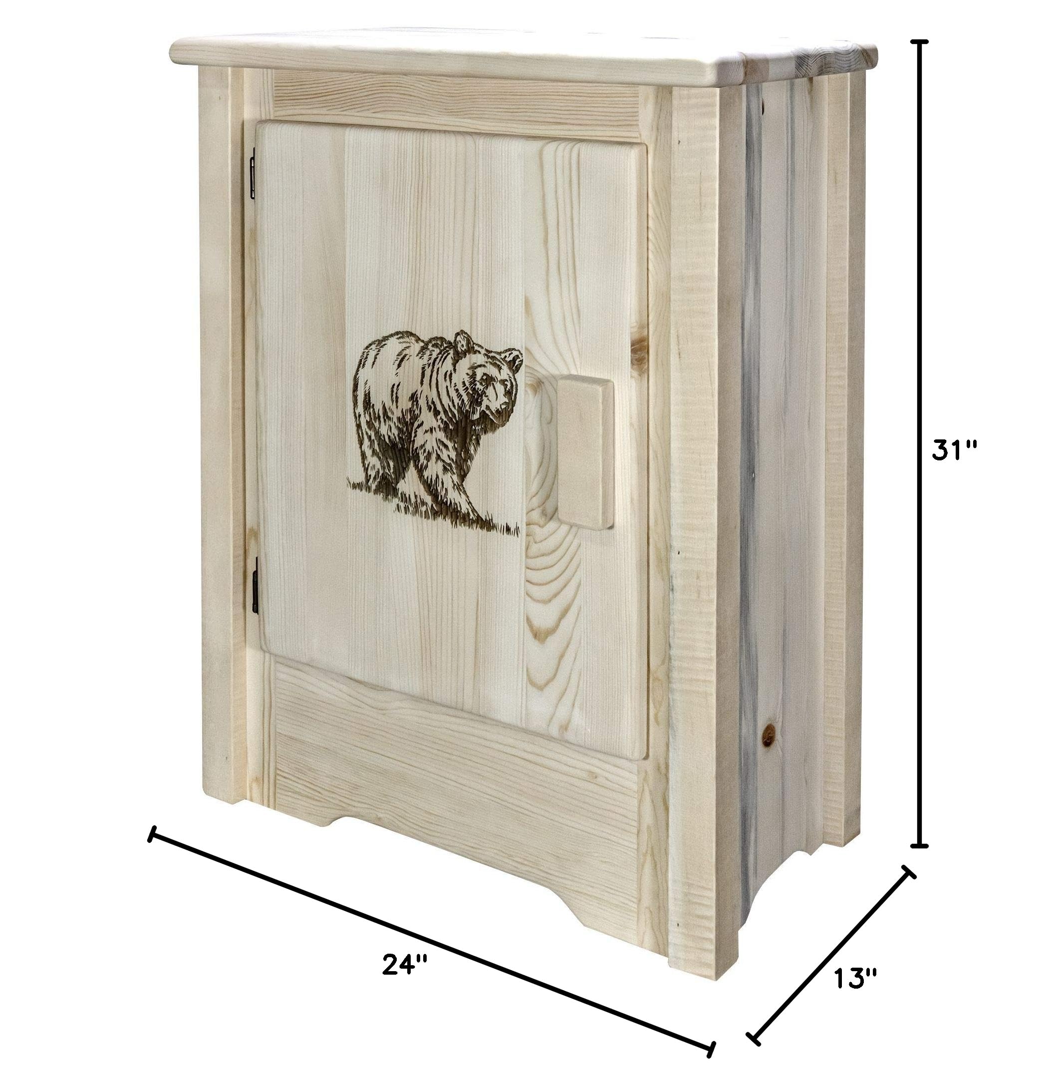 Montana Woodworks Homestead Collection Accent Cabinet - Handcrafted Bear Design Laser Engraved, Left Hinged Door, Unfinished Wood for Custom Staining - Perfect for Rustic Cabin Decor, Living Room Storage & Entryway Organization
