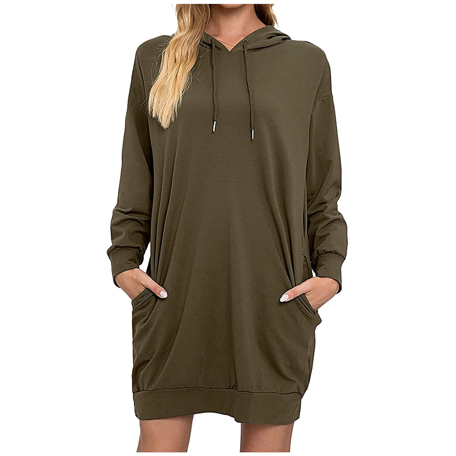 Women's Casual Hoodie Dress - Long Sleeve Solid Color Hooded Sweatshirt Mini Dress with Pockets | Pullover Tops for Everyday Wear, Street Style & Loungewear
