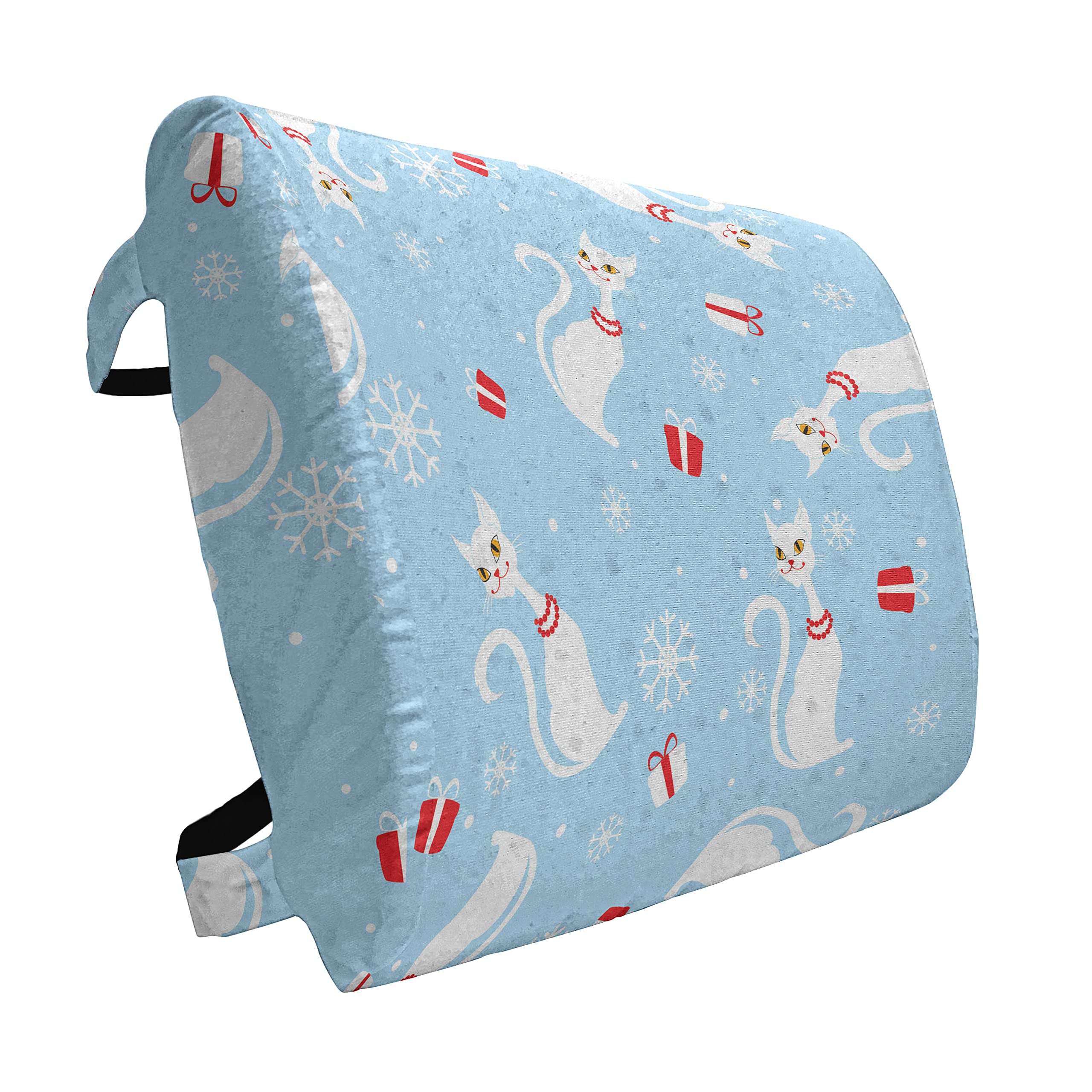 Ambesonne Christmas Lumbar Support Pillow - Holiday Cat Design with Necklaces & Swirled Tails - High Density Foam for Office Chair & Car Seat (14x13 Inches, Pale Blue Red White) - Perfect for Home Decor, Gift Giving & Seasonal Comfort
