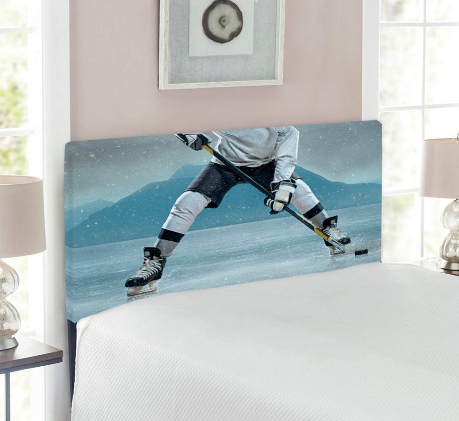 Ambesonne Upholstered Sports Headboard - Ice Hockey Player with Stick & Puck Mountain Design, Twin Size, Charcoal Grey & White - Decorative Metal Bed Headboard with Memory Foam for Sports Fans' Bedroom, Game Room or Dorm Decor