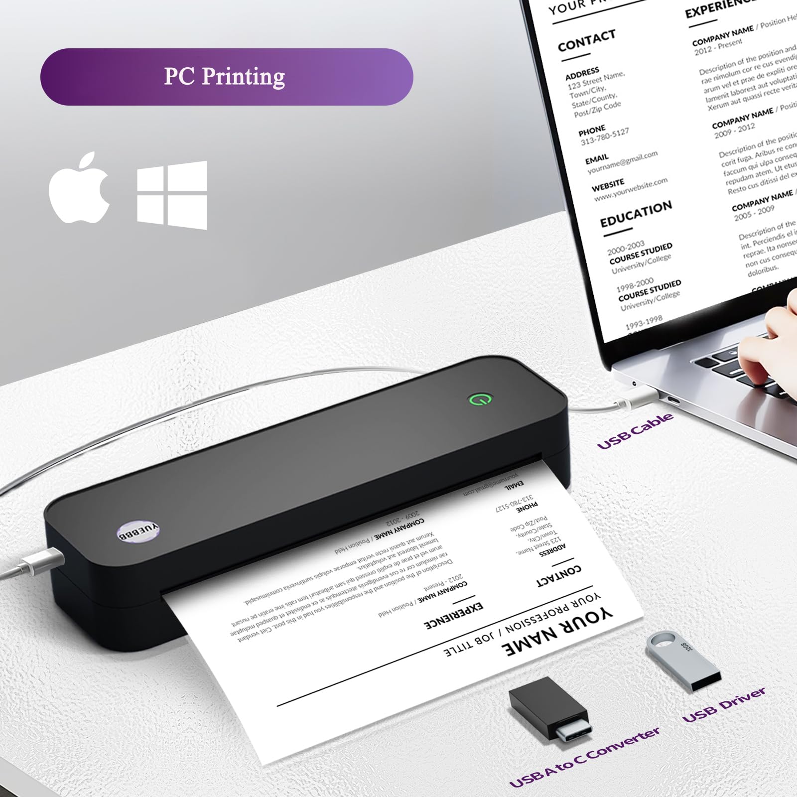 Wireless Portable Printer for Travel - Inkless Thermal Printer with A4, A5 & 8.5x11 Paper Support - Compatible with iOS, Android, Windows (Black) - Perfect for Office Work, Home Printing, School Projects & On-the-Go Documents