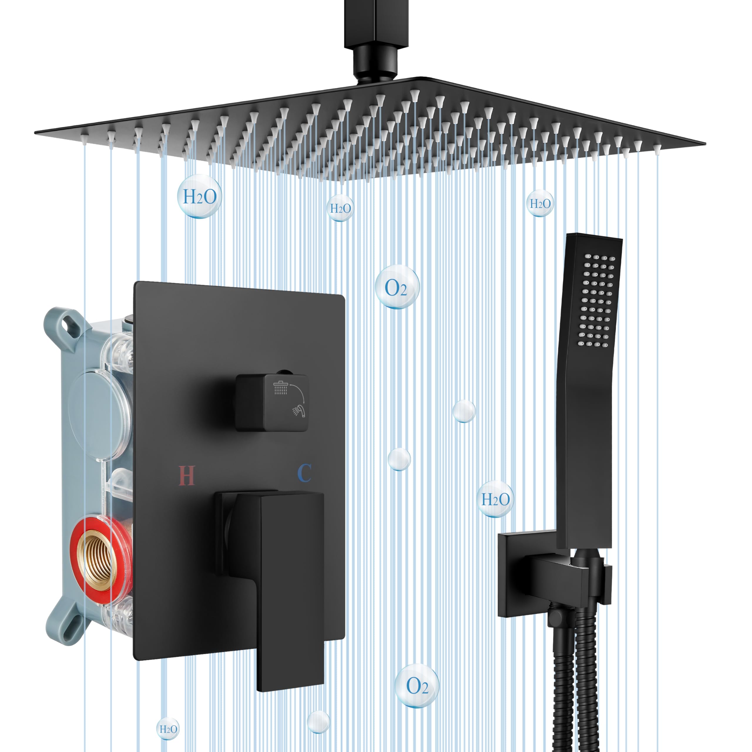Airuida Matte Black 12 Inch Rainfall Shower System - Ceiling Mount Shower Faucet with SUS304 Ultra-Thin Shower Head & Brass Handheld Mixer Valve - Perfect for Modern Bathroom, Spa, and Luxury Home Renovation