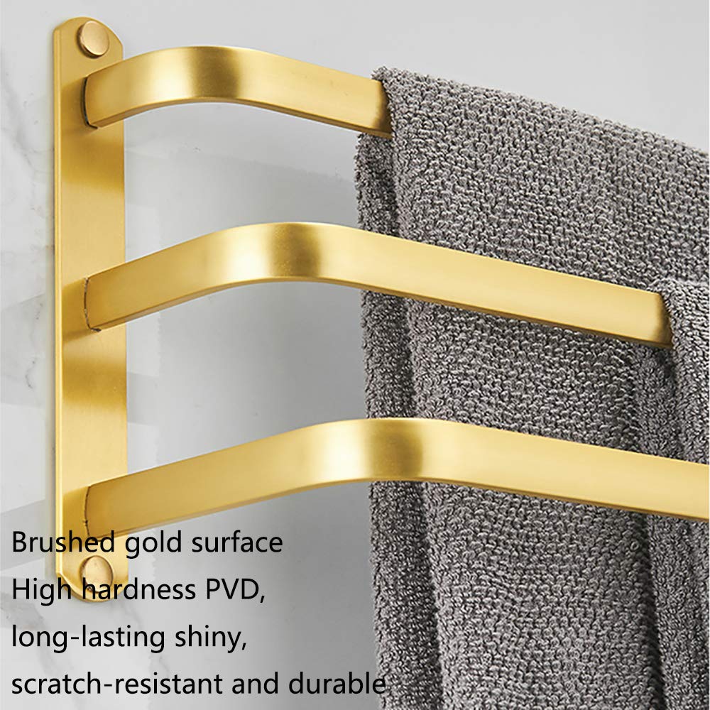 Brushed Gold Aluminum Towel Rack - Heavy Duty 3-Bar Wall Mounted Towel Holder (40cm) for Bathroom, Kitchen & Hotel Use | Space-Saving Dual Installation Design