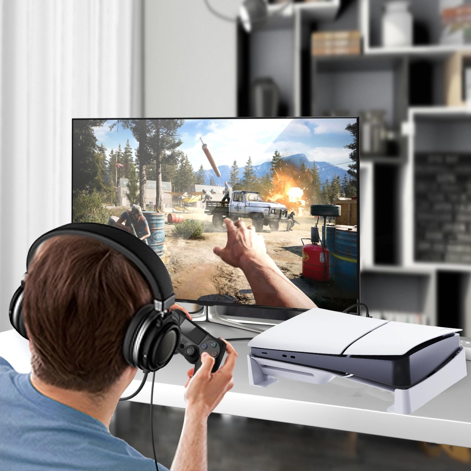 SAVOSWEET Horizontal Stand for PS5 Slim Console - Compatible with PS5 Slim Disc & Digital Edition - Non-Slip Silicone Pads - Gaming Accessories for Living Room & Bedroom Setup