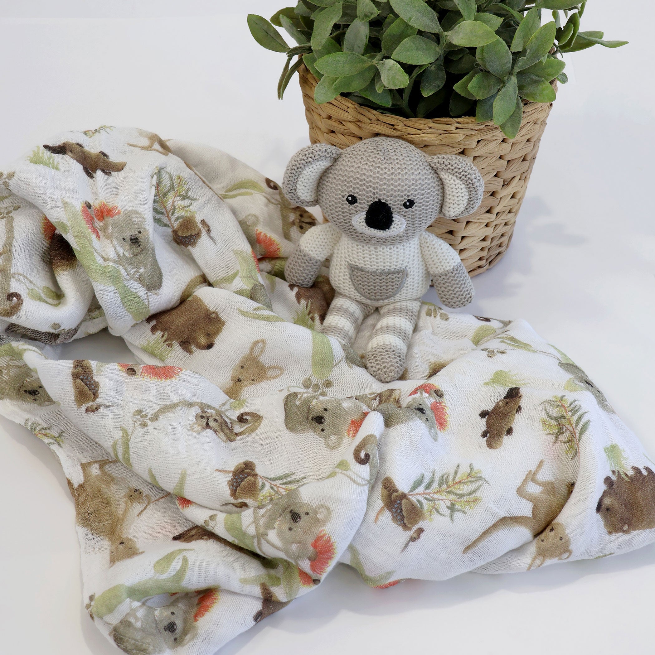 Aussie Animals Koala Muslin Swaddle Blanket & Knit Rattle Toy Gift Set for Newborns - Soft Baby Wrap & Crib Nursery Essentials for Shower, Photography & Travel