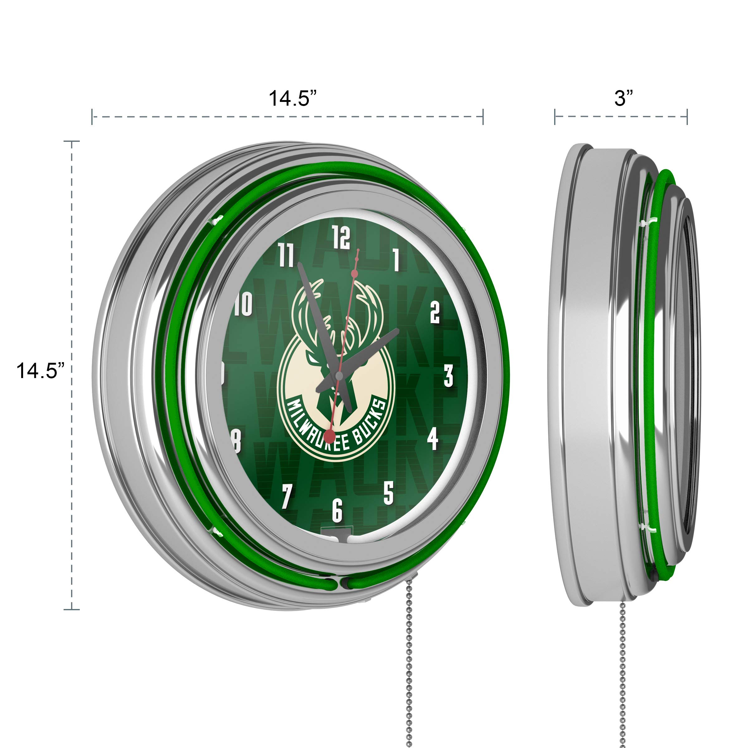 NBA Milwaukee Bucks Neon Wall Clock - Double Rung Chrome Design - Perfect for Game Room, Sports Bar & Man Cave Decor