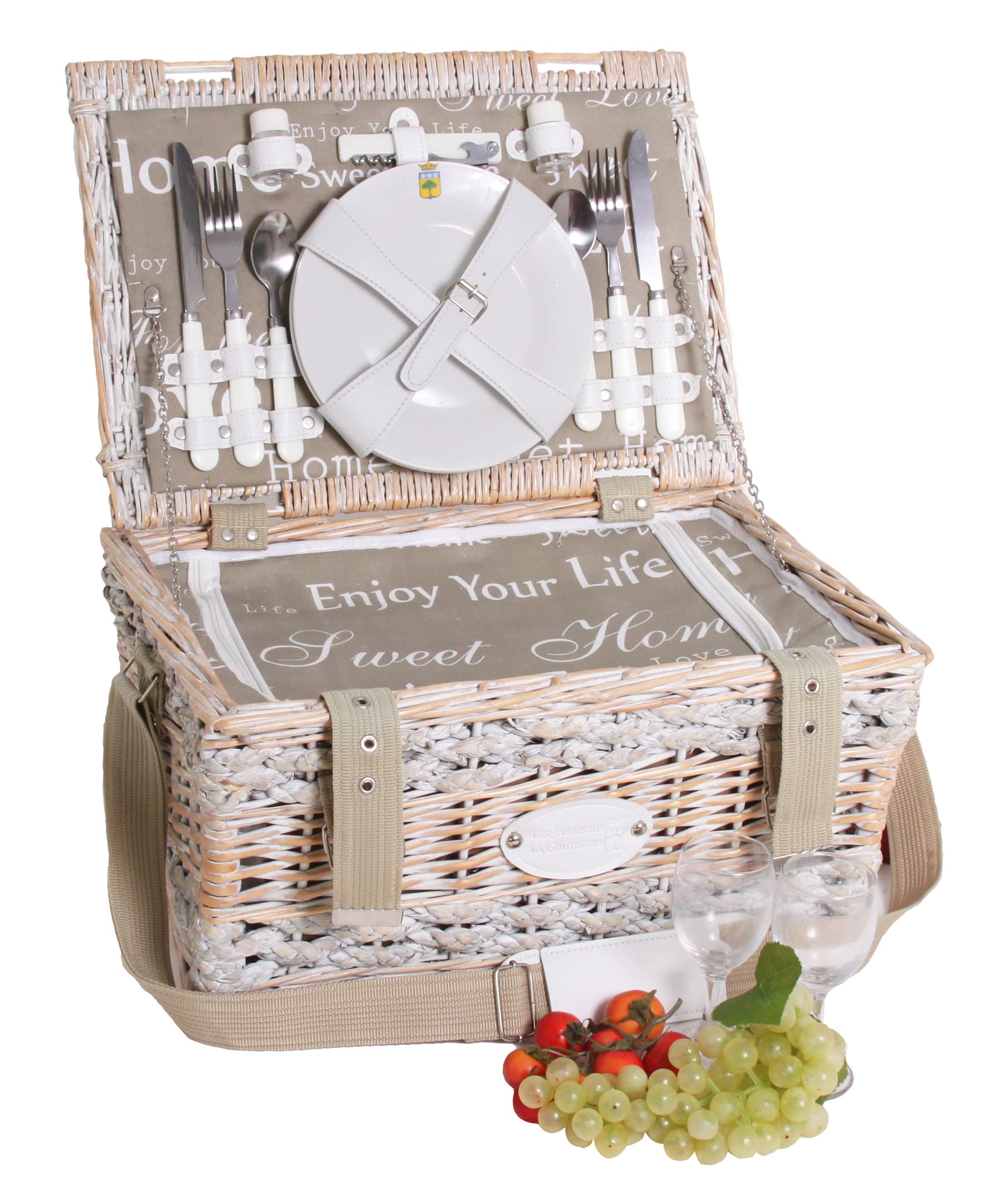 Les Jardins de la Comtesse - Romantic Picnic Basket Set for 2 with Insulated Cooler Compartment, Ceramic Plates & Wine Glasses - Beige Love-Print Fabric - 40 x 28 x 23 cm - Perfect for Outdoor Dates, Beach Picnics & Anniversary Gifts