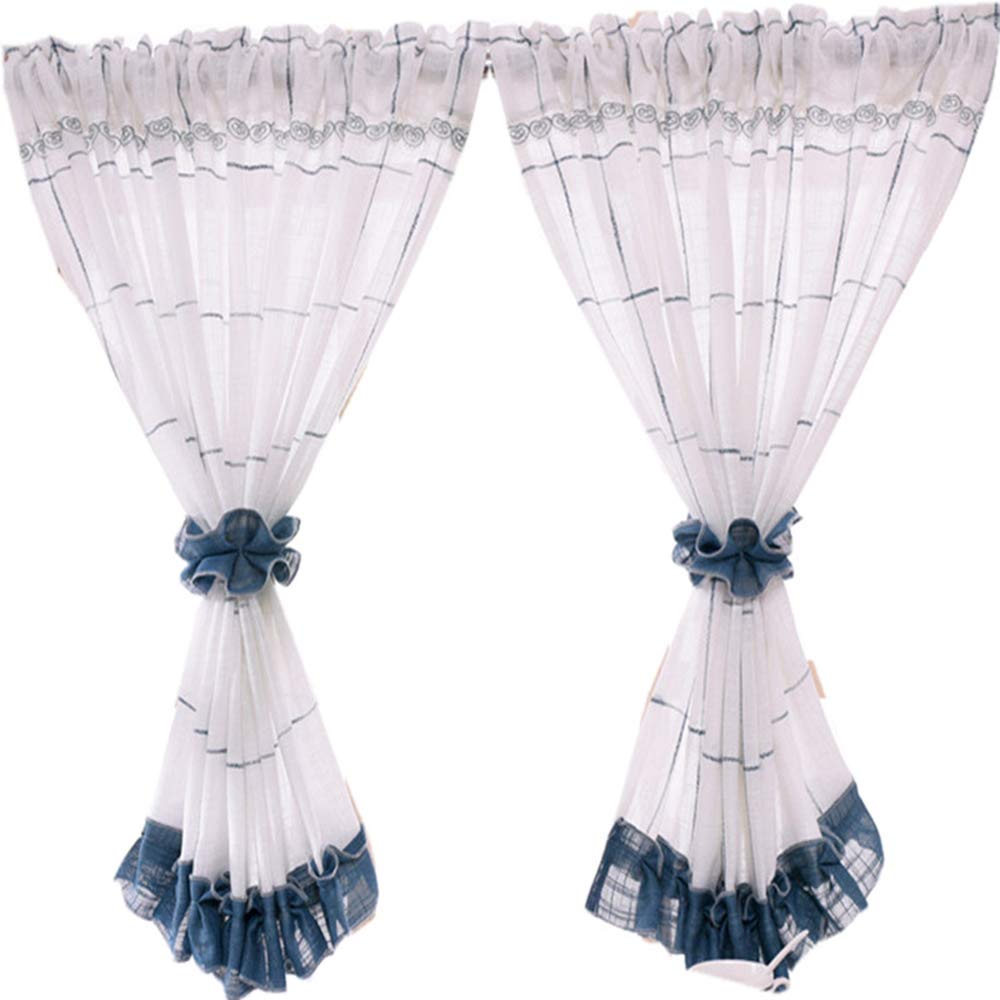 Blue Plaid Geometric Semi-Sheer Voile Curtains Set of 2 - Rod Pocket White Tier Kitchen Window Drapes, Faux Linen Short Cafe Curtains 55