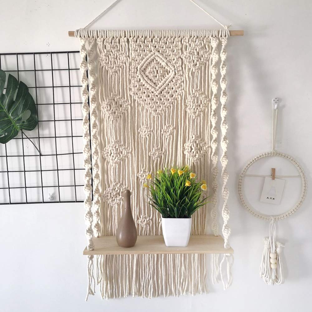 Handmade Macrame Wall Hanging Shelf - Boho Wooden Shelf Organizer with Rope Hanger for Plants | Home Decor for Living Room, Bedroom & Boho Style Spaces