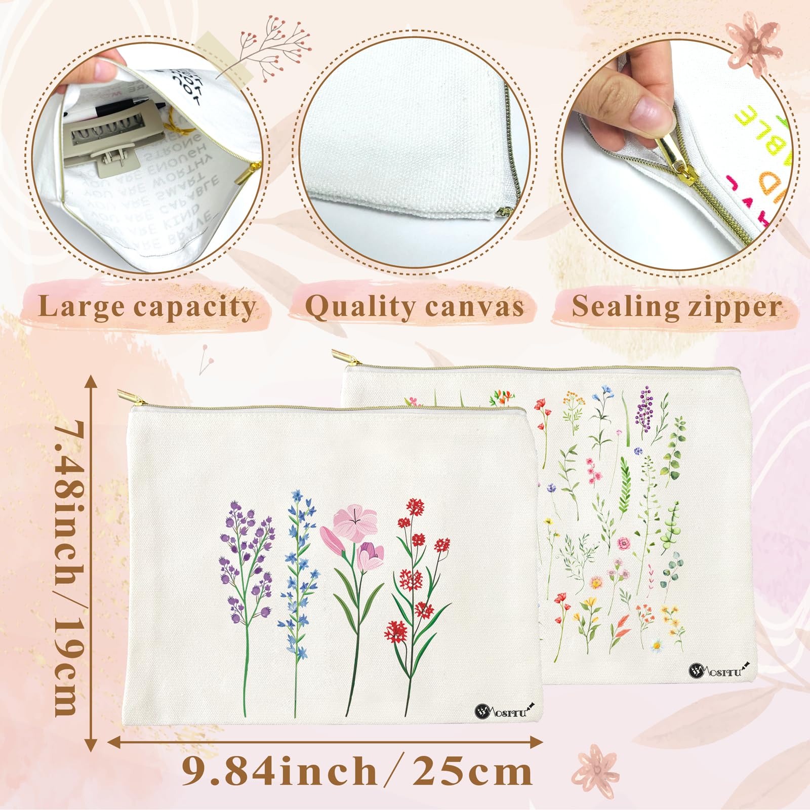 Floral Makeup Bag for Women - Aesthetic Flower Canvas Cosmetic Pouch with Zipper | Small Travel Toiletry Organizer | Perfect Gift for Her, Wildflowers Design | Great for Daily Use, Travel, and Makeup Storage