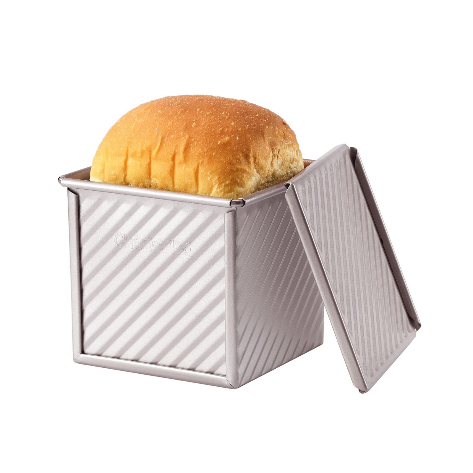 CHEFMADE Mini Pullman Loaf Pan with Lid - 0.55Lb Dough Capacity, Non-Stick Rectangle Corrugated Toast Box for Oven Baking - 3.9