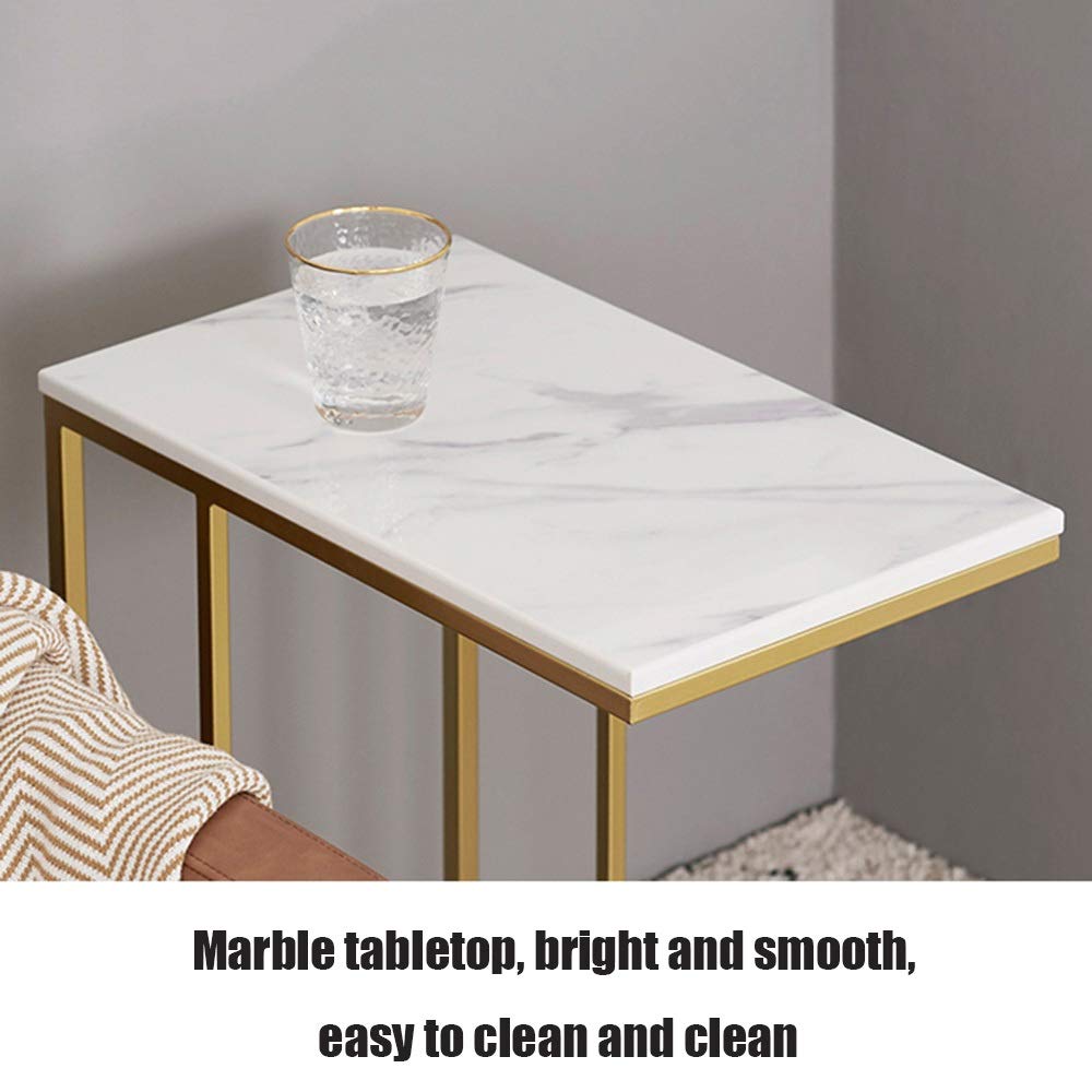 WFF C-Shaped Side Table with Marble Top - White Sofa Laptop Table for Coffee & Snacks (50x30x58cm) - Perfect for Living Room, Bedroom & Office Workspace