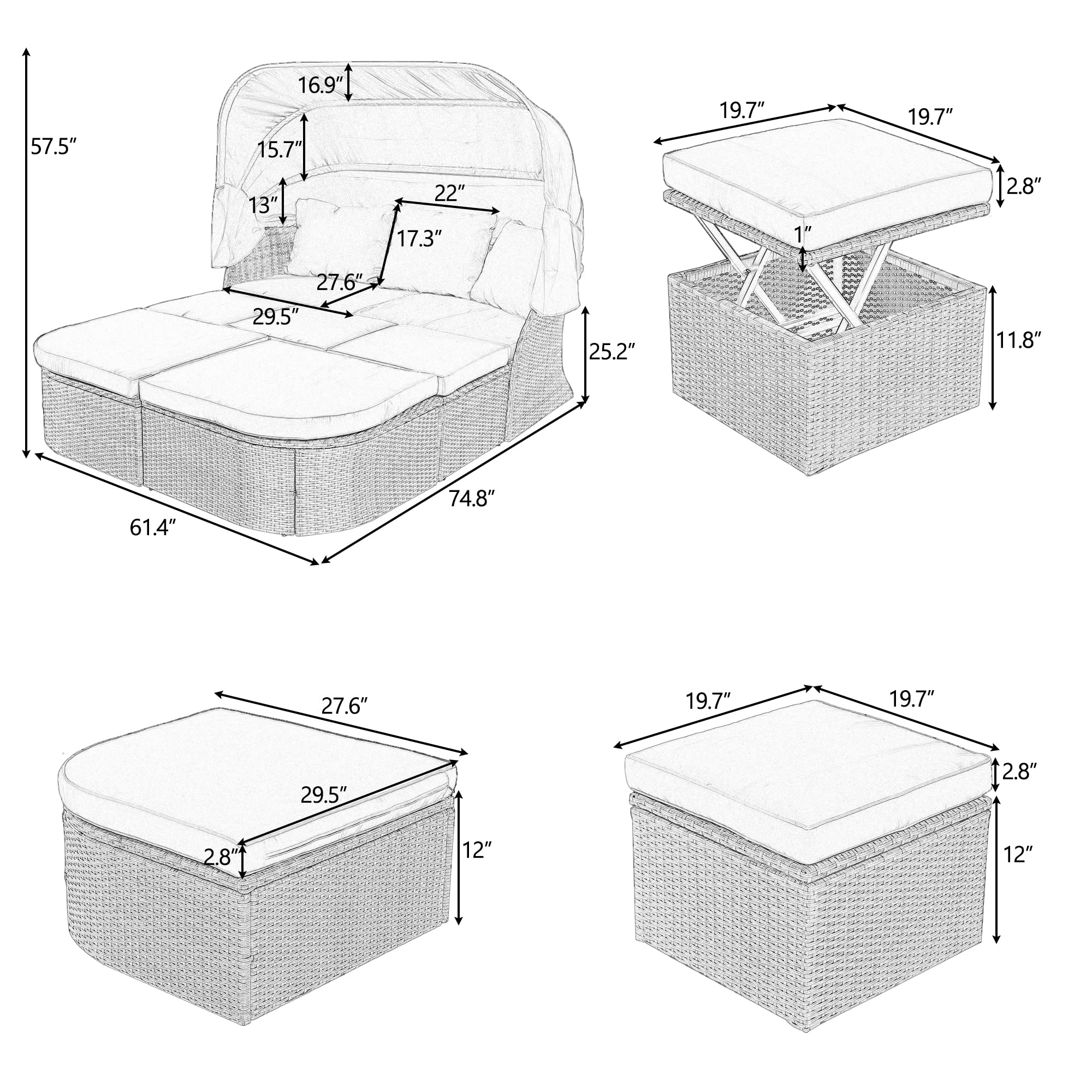 **Outdoor Round Daybed Sunbed with Retractable Canopy, Coffee Table & Cushions - All-Weather Patio Furniture Set, Wicker Sectional Sofa Conversation Set (Gray & Blue Gray) - Perfect for Poolside Lounging, Garden Relaxation & Outdoor Entertaining**