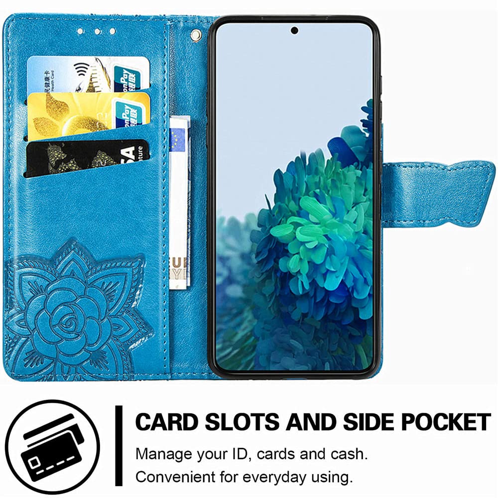 Premium PU Leather Samsung Galaxy S22 Case with Kickstand, Card Slots & Wrist Strap - Elegant Embossed Butterfly Flower Design for Samsung S22 (6.1 inch, A-Blue) | Perfect for Work, Travel & Everyday Protection