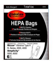 6 HEPA Vacuum Bags for Riccar Vibrance & Simplicity Type A - Premium Filtration for Allergies, Dust Mites & Pet Hair - Perfect for Home Cleaning & Allergy Relief