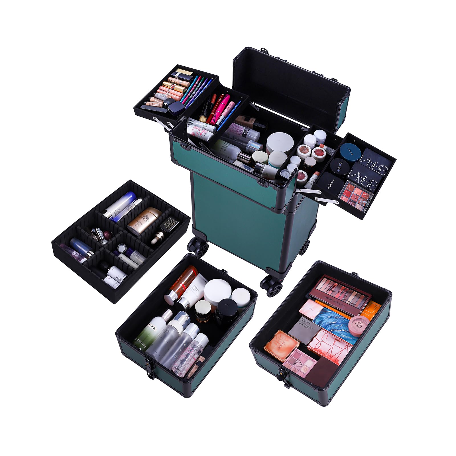 Karl Home 4-in-1 Makeup Train Case Rolling Cosmetic Trolley - Large Capacity Professional Beauty Organizer with 360° Swivel Wheels & Lock - Perfect for Traveling Hairstylists, Makeup Artists & Nail Tech Students (Dark Green) | Ideal for Salon Professionals, Beauty School & On-the-Go Makeup Storage