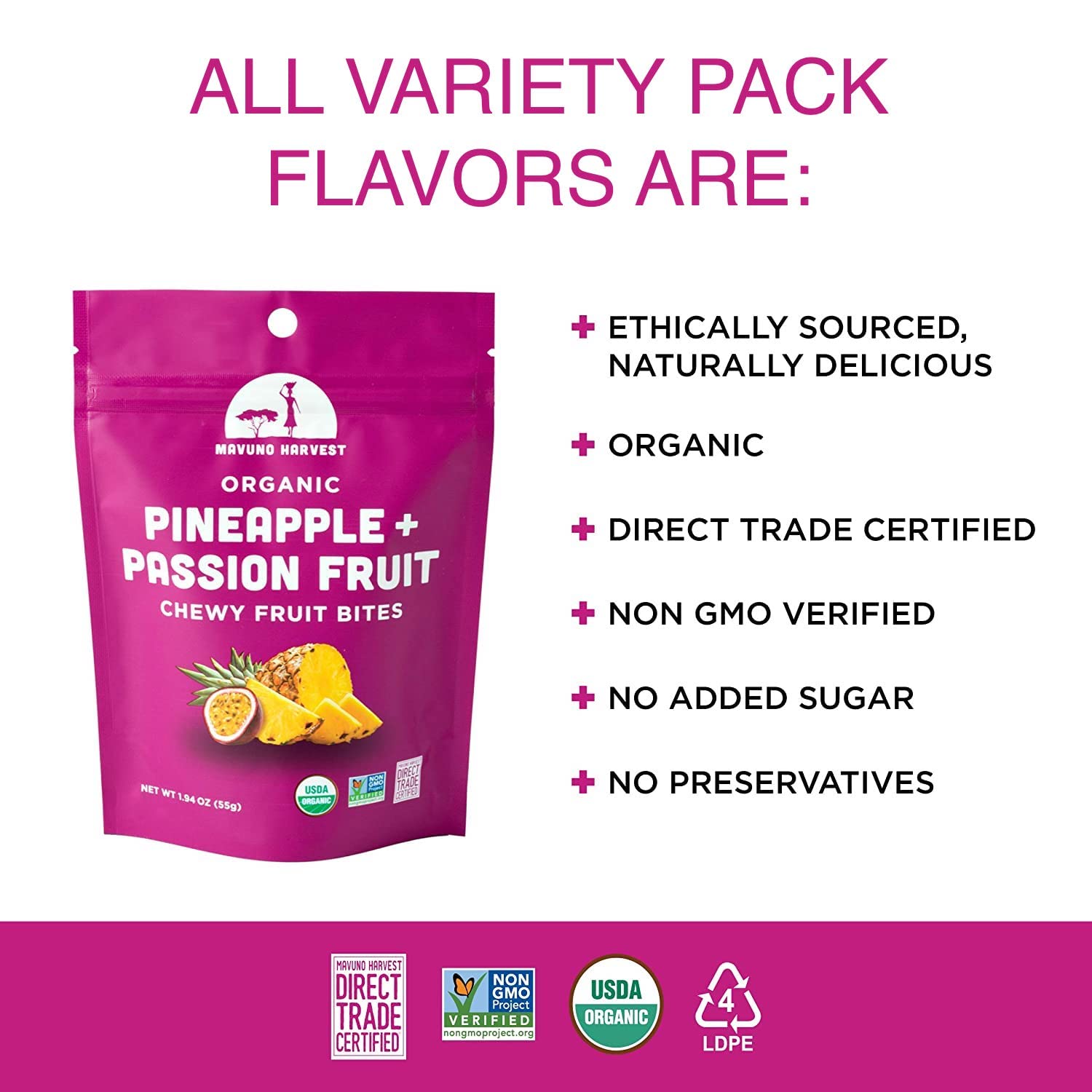 Organic Mavuno Harvest Chewy Fruit Snacks - Healthy Fiber-Rich Snack for Kids & Adults - Non-GMO, No Preservatives, Ethically Sourced - Variety Pack (3 x 1.94oz) - Perfect for Lunchboxes, Office Snacks & On-the-Go Energy Boost