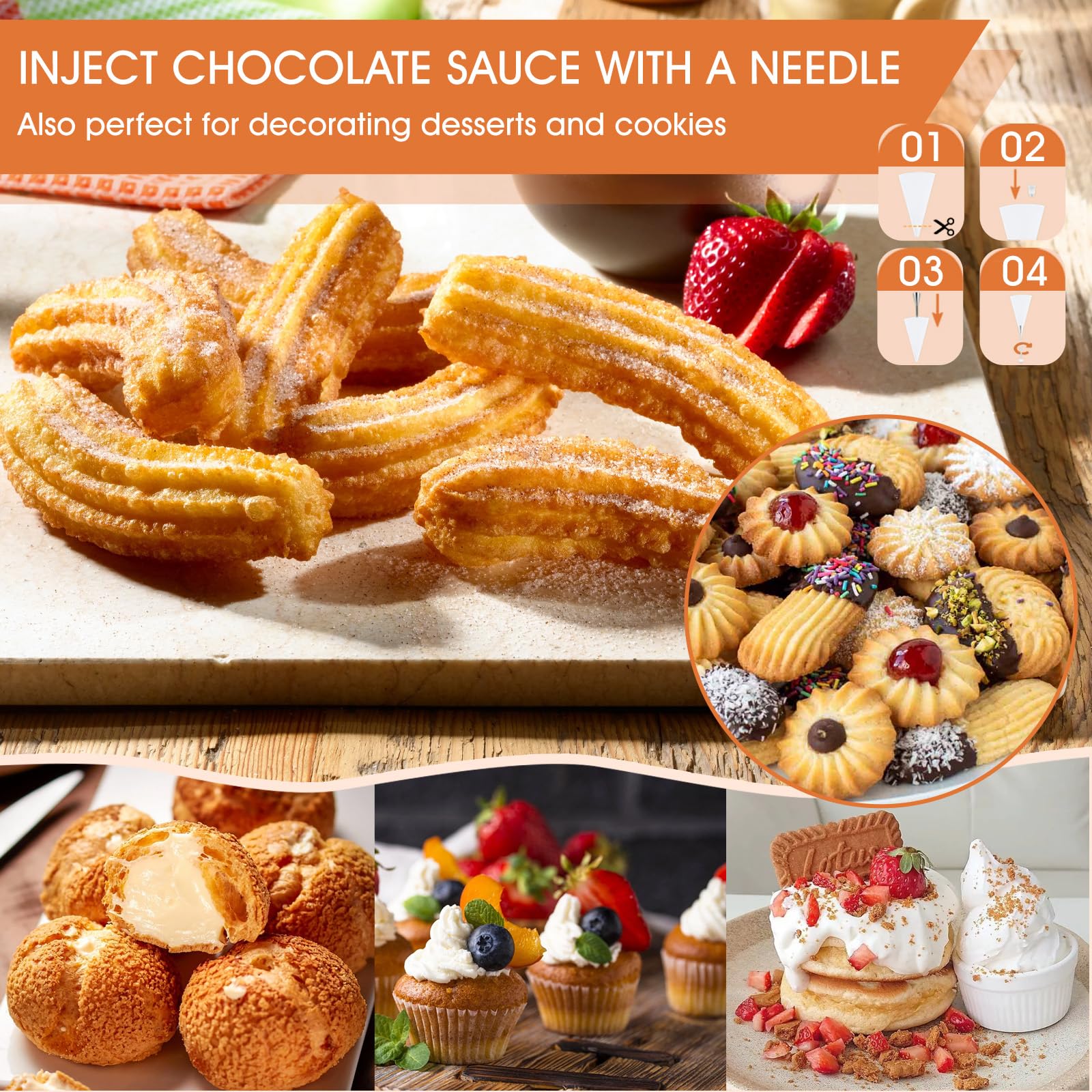 Stainless Steel Churro Maker Machine Kit - 21-Piece Churro Gun with 6 Nozzle Tips, 9 Discs & 2 Cleaning Brushes for Homemade Churros, Cookies & Pastries - Perfect for Parties, Baking & Dessert Making