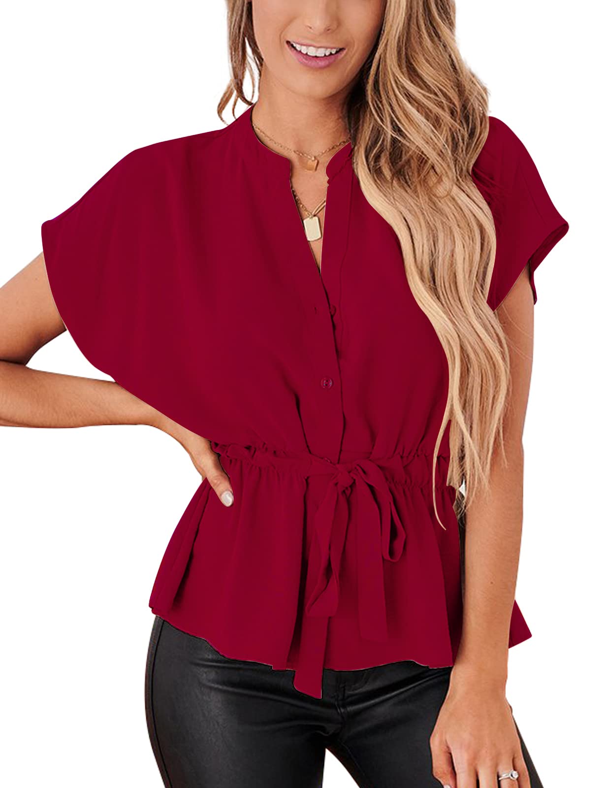 Women's Casual Peplum Button Down Blouse - Summer Chiffon Work Tops for Office, Business Meetings & Dressy Occasions
