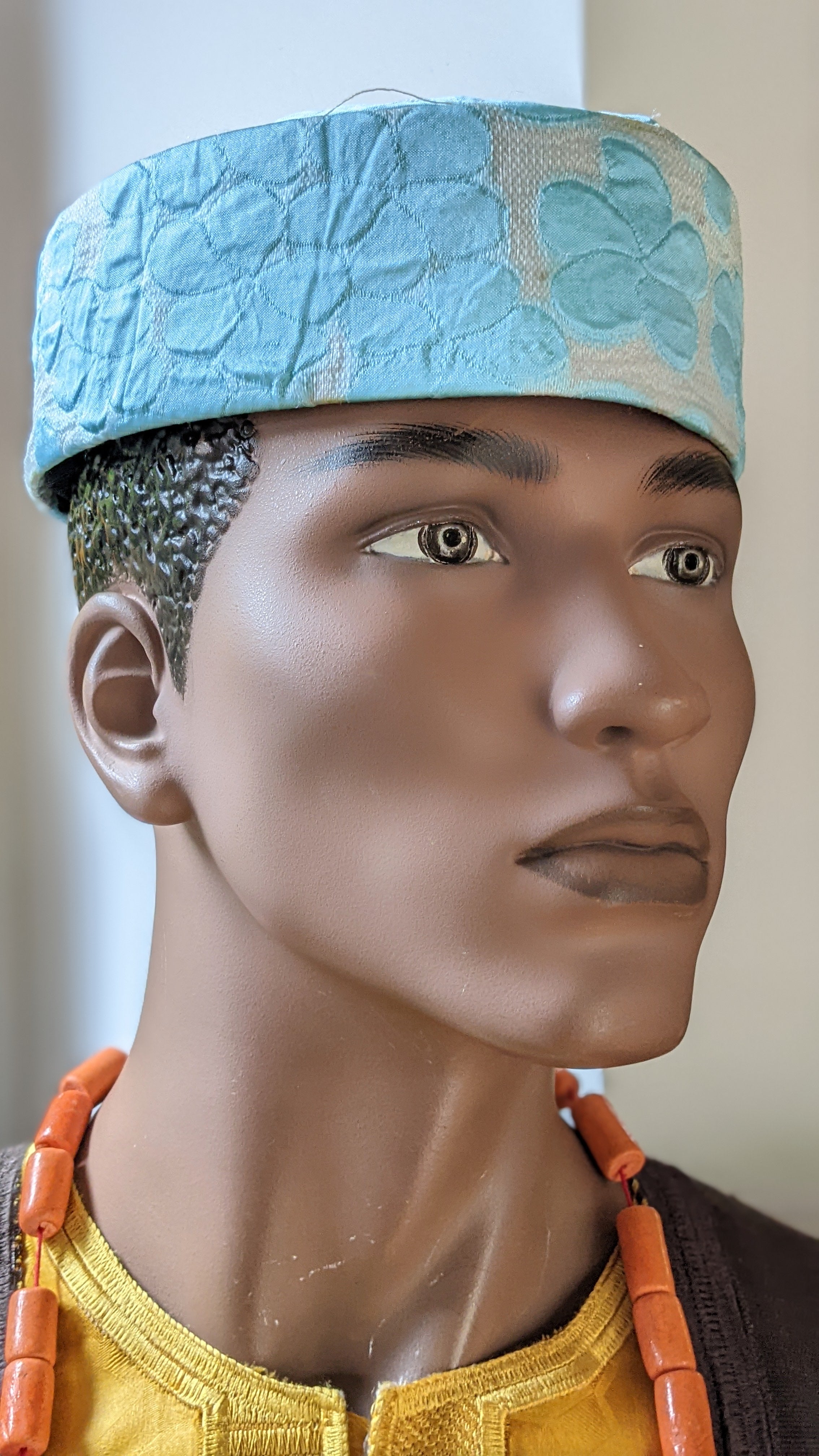 Stylish Turquoise Blue & Tan African Damask Brimless Hat for Women - Elegant Headwear for Weddings, Parties & Cultural Events | Moyosore DPHDHTT3