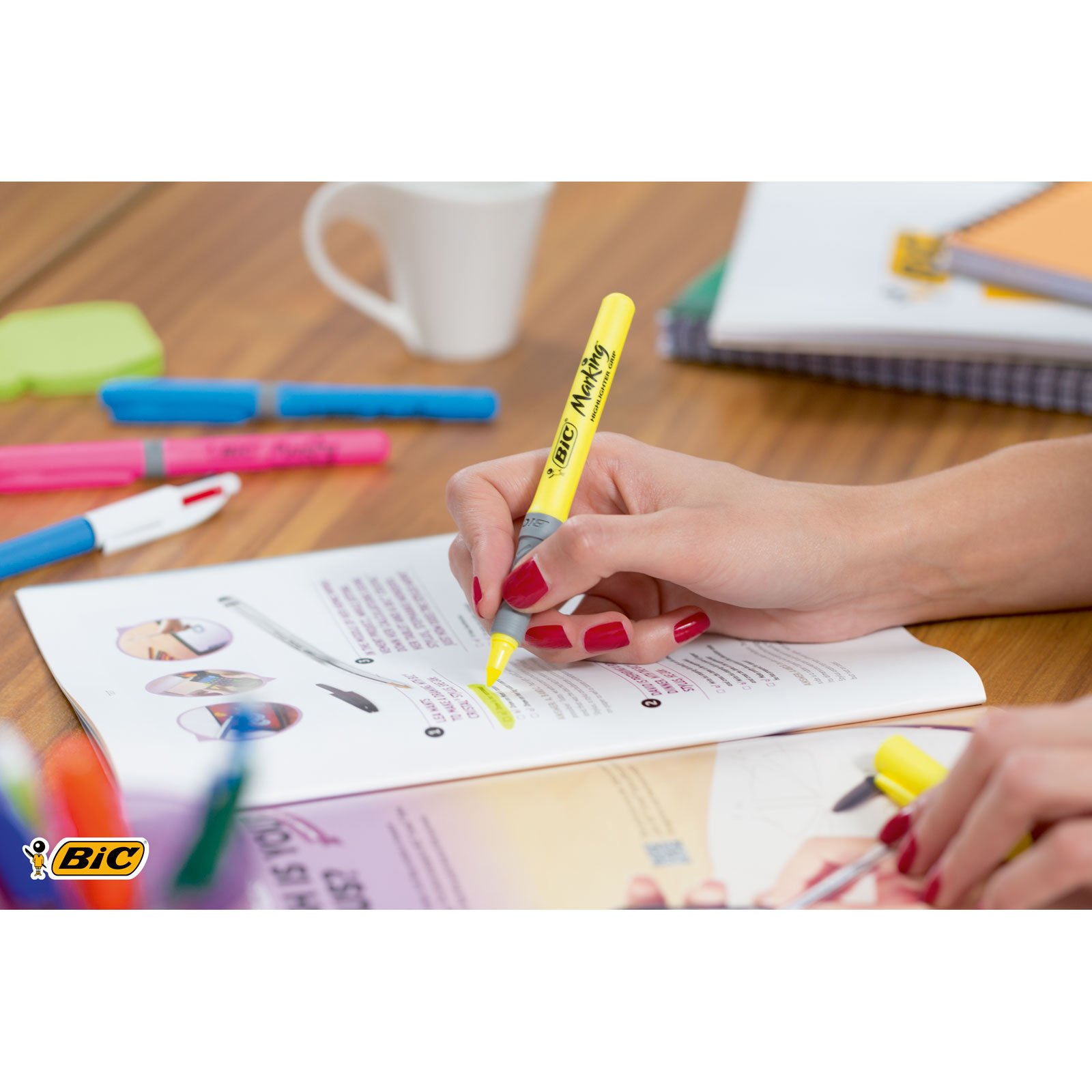 BIC Grip Highlighters - Pack of 12, Blue (811931) | Bright, Smear-Resistant Markers for Office, School & Study Notes