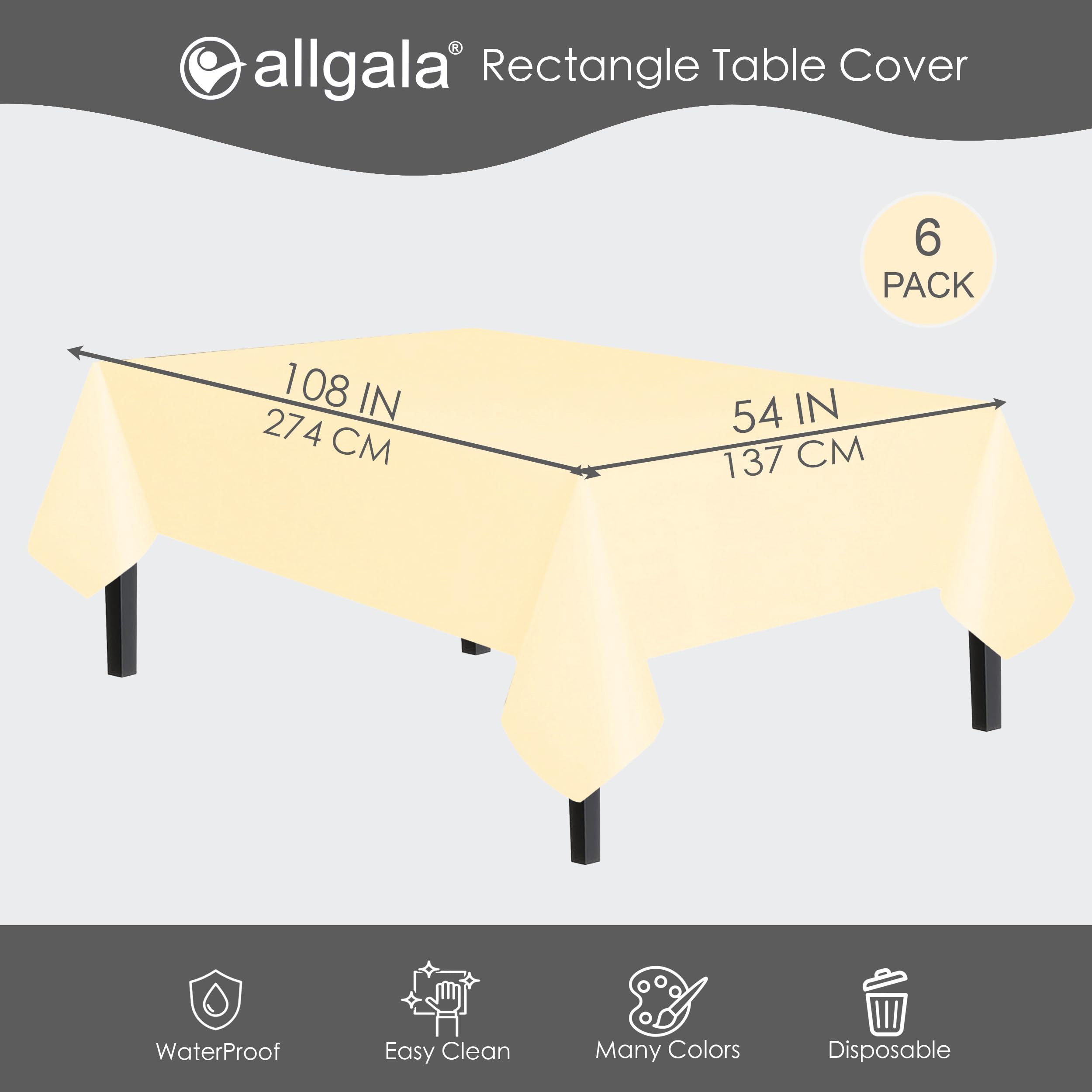 Allgala Waterproof Disposable Tablecloth 6-Pack (54x108 Inches, Ivory) - Perfect for Parties, Birthdays, Weddings, Picnics & Home Decorations | Durable & Spill-Proof for Indoor/Outdoor Events