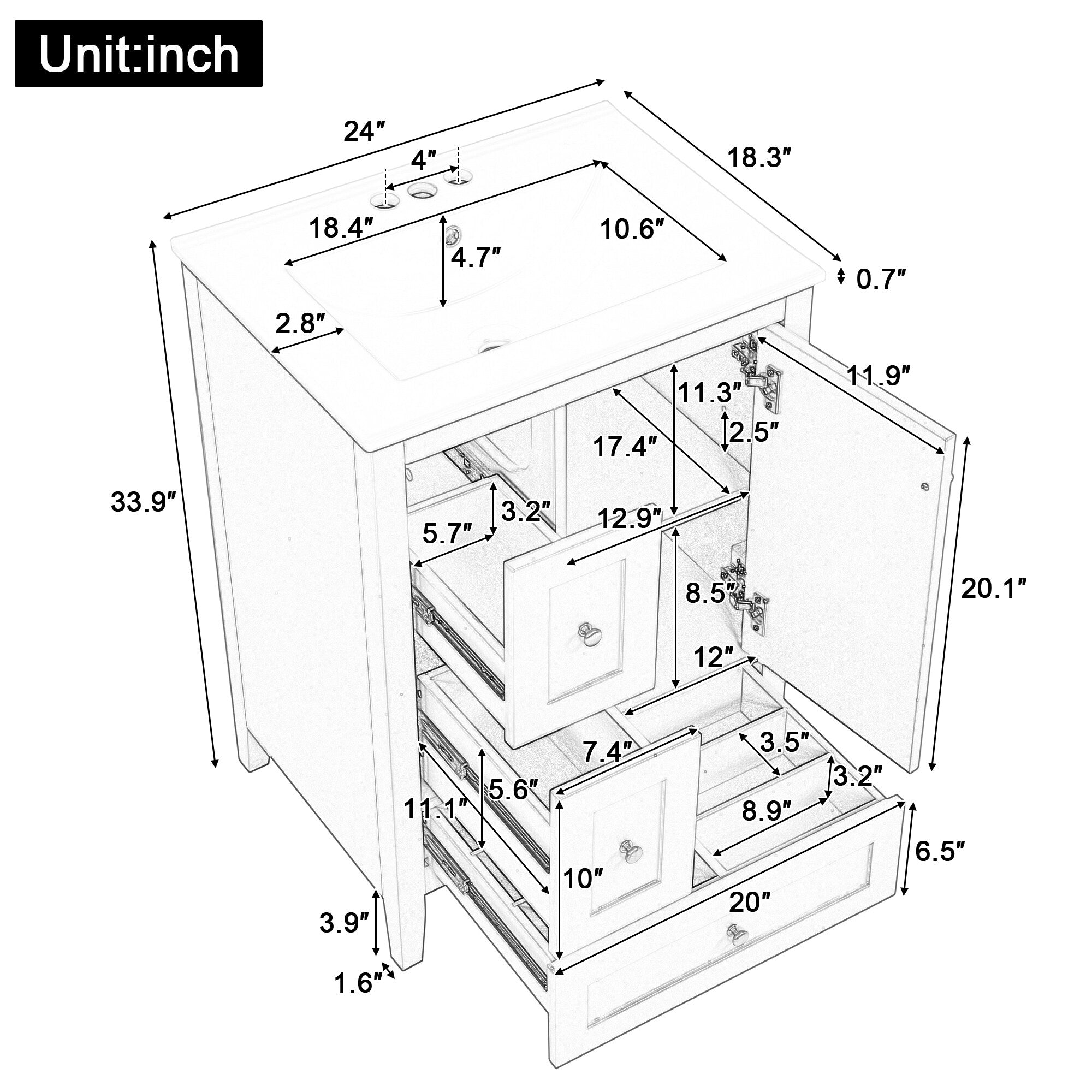 24 Inch Bathroom Vanity with Storage - Adjustable Shelf & Removable Dividers, MDF & Rubberwood Construction, Dark Green Finish for Modern Bathroom Decor